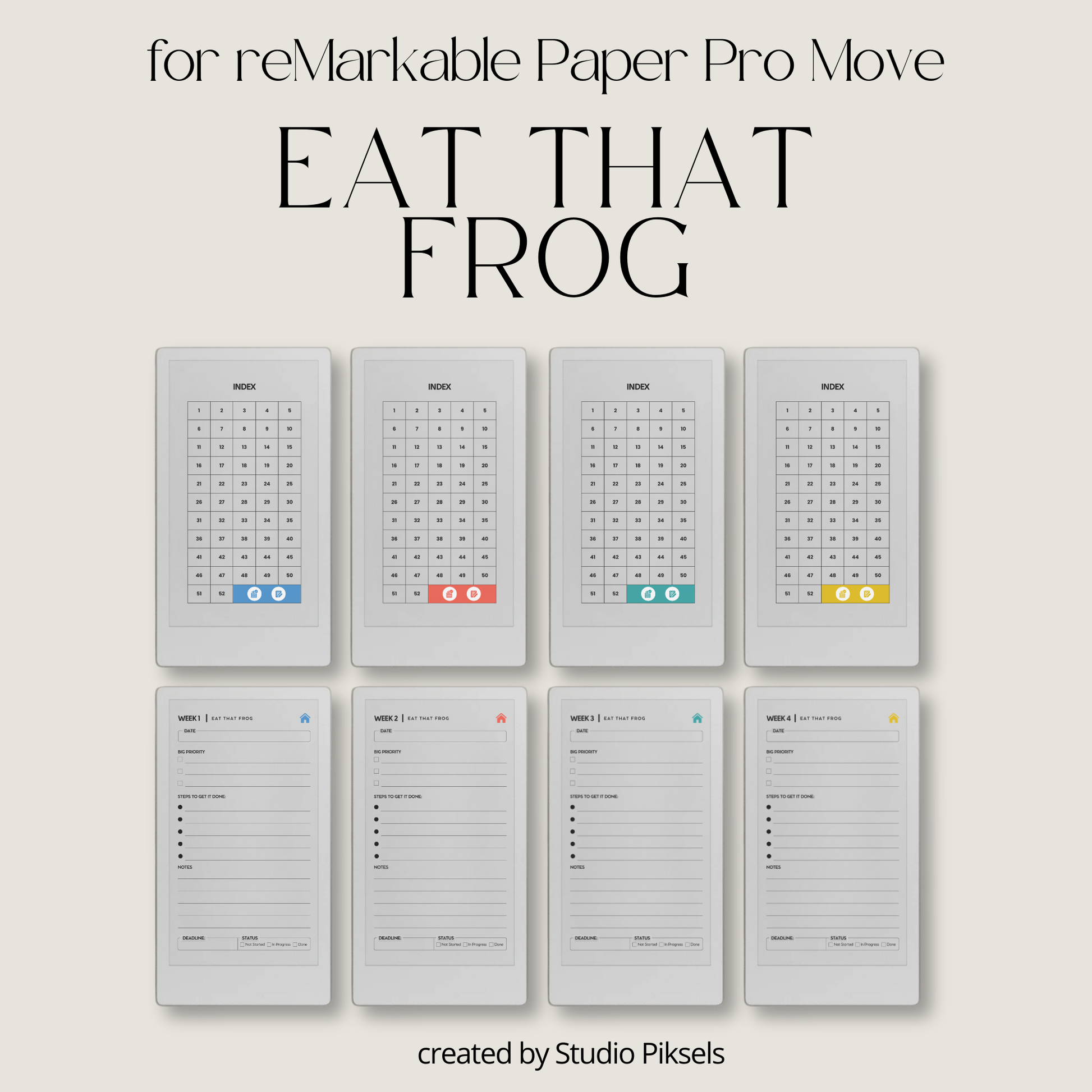 Hyperlinked Eat That Frog weekly planner PDF for reMarkable Paper Pro Move with focus layout and checklist pages.