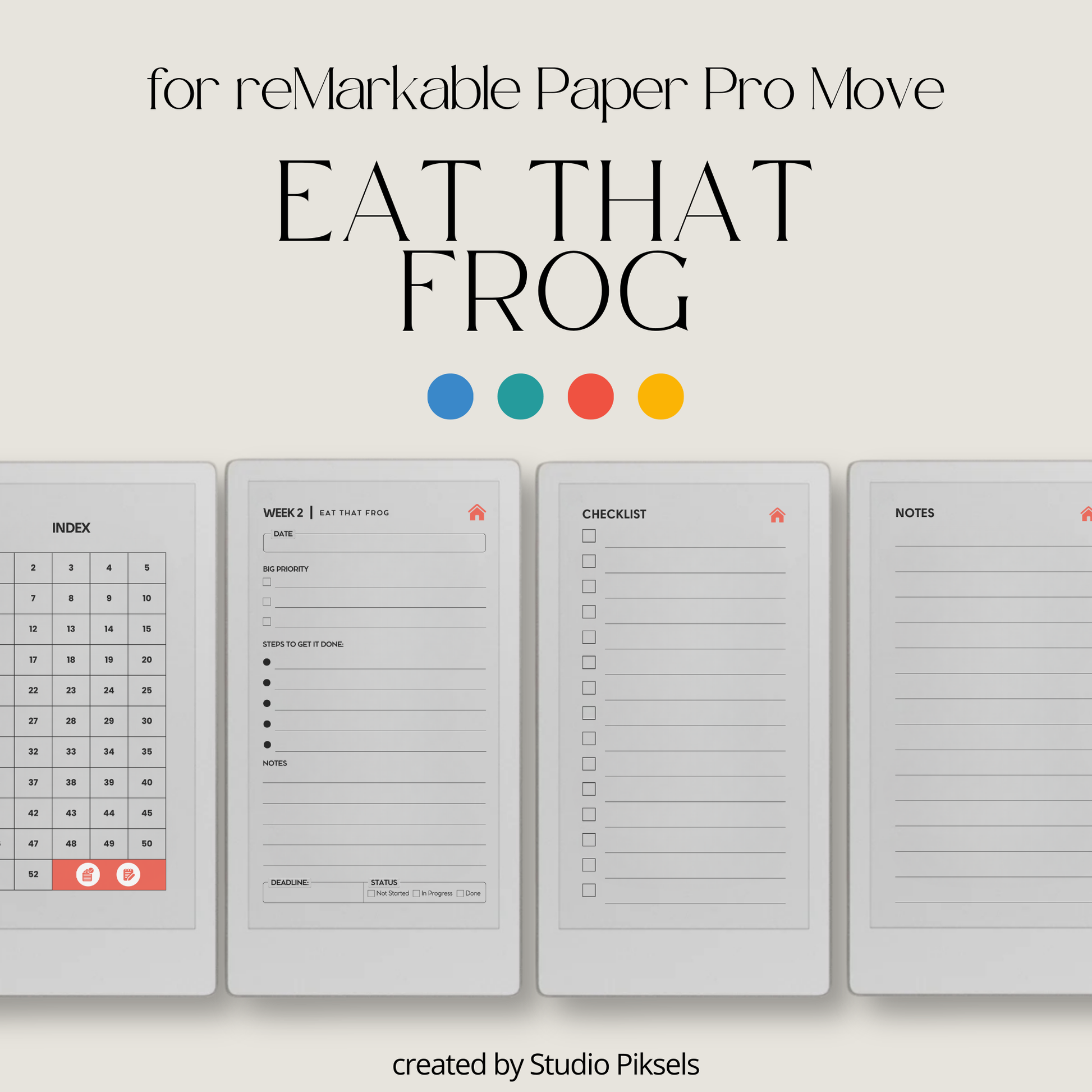 Hyperlinked Eat That Frog weekly planner PDF for reMarkable Paper Pro Move with focus layout and checklist pages.