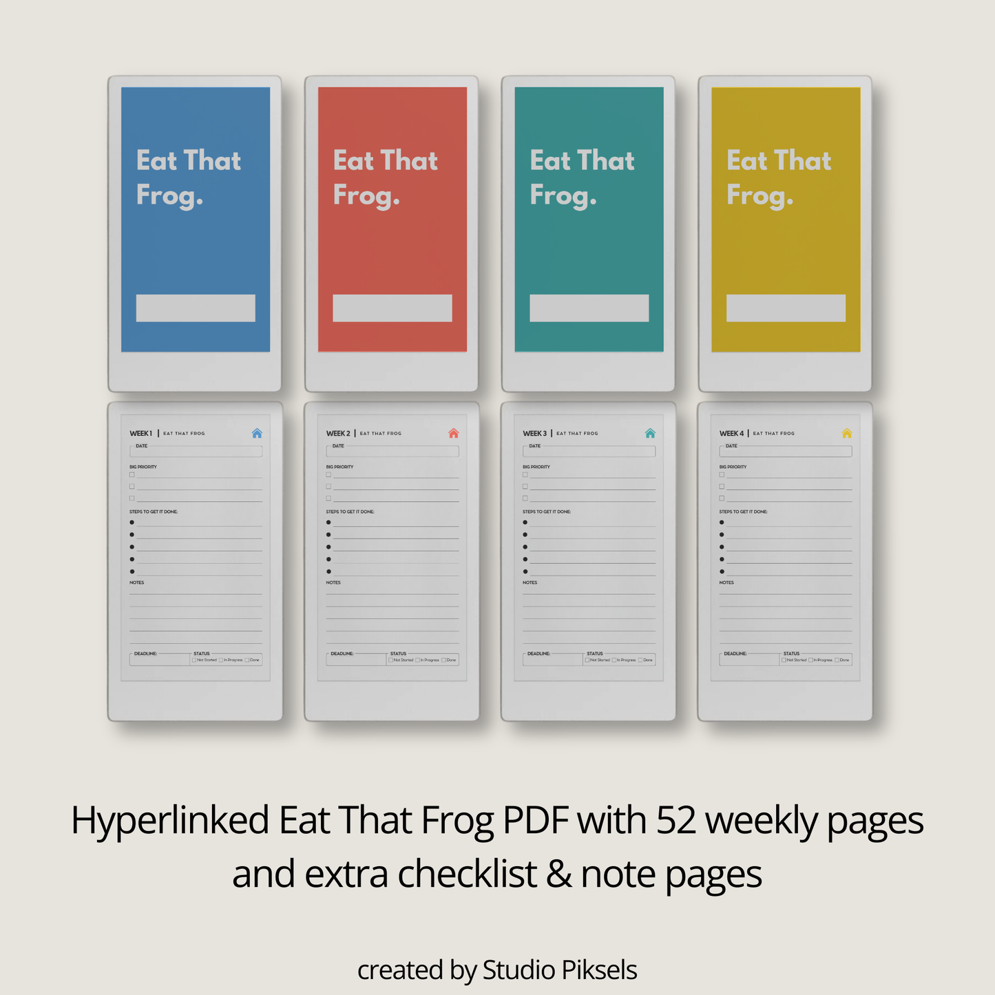 Hyperlinked Eat That Frog weekly planner PDF for reMarkable Paper Pro Move with focus layout and checklist pages.