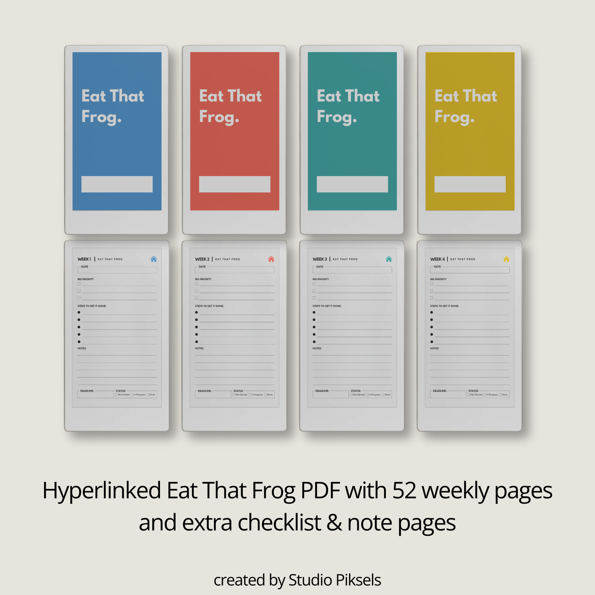 Hyperlinked Eat That Frog weekly planner PDF for reMarkable Paper Pro Move with focus layout and checklist pages.