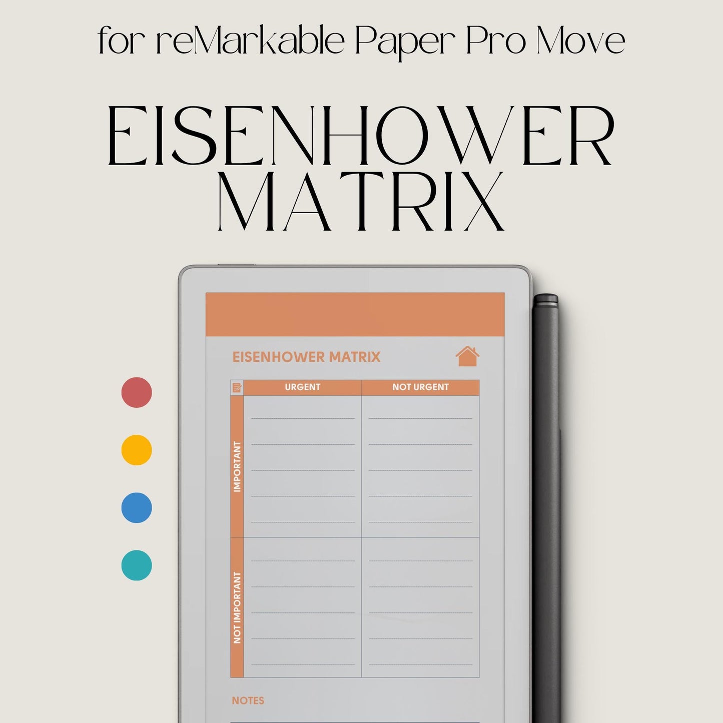 Eisenhower Matrix planner for reMarkable Paper Pro Move used to organize tasks by urgency and importance for focused daily planning.