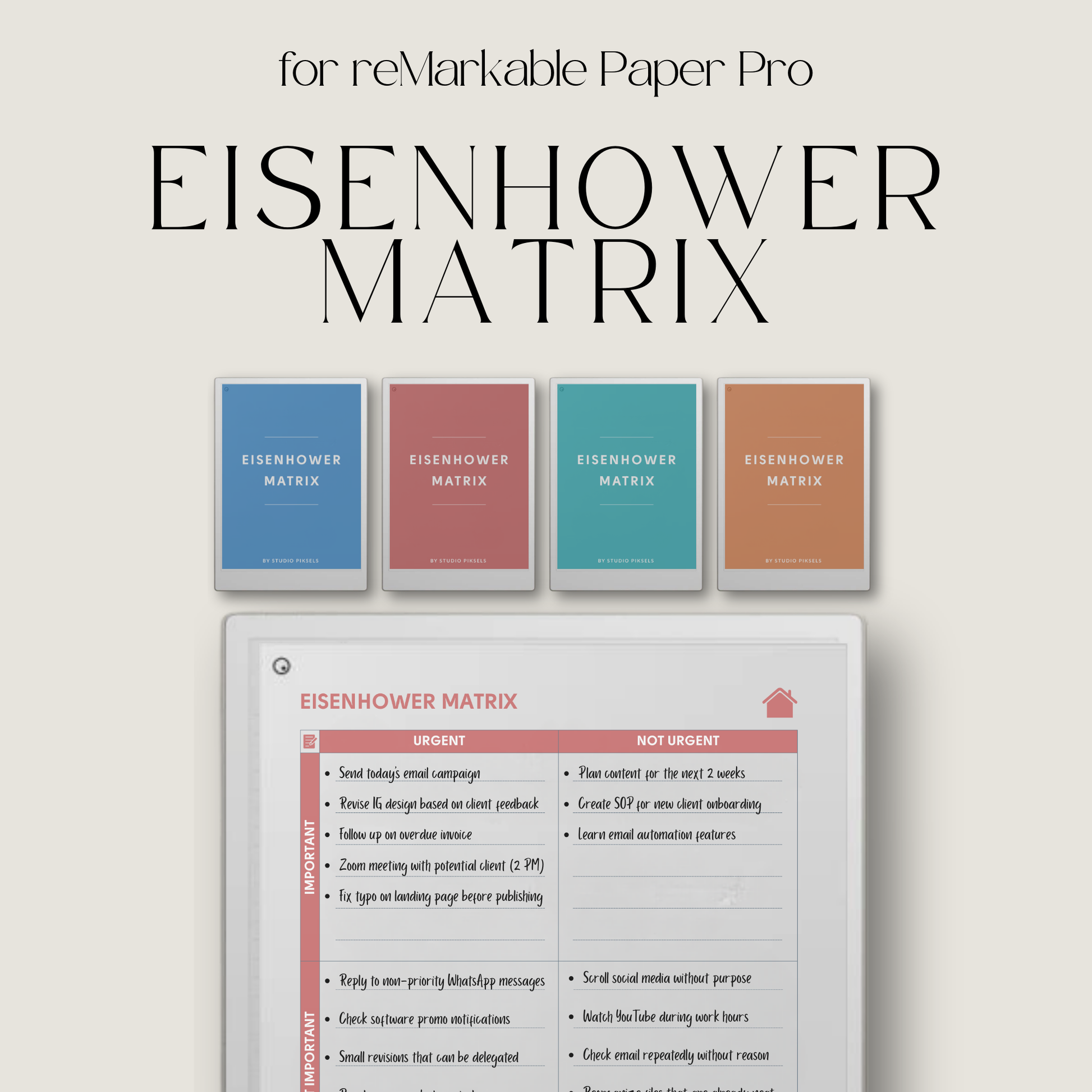 Eisenhower Matrix planner PDF for reMarkable Paper Pro Move with four quadrant task layout and checklist pages.