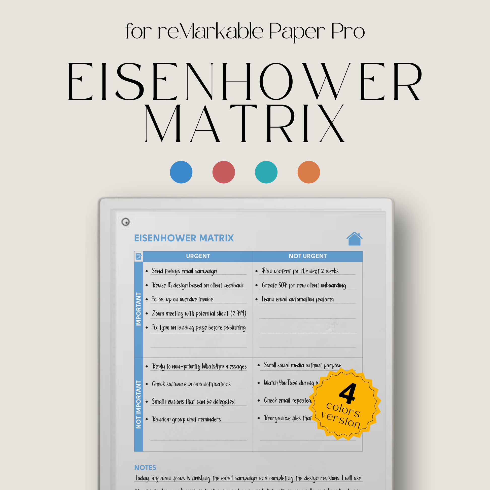 Eisenhower Matrix planner PDF for reMarkable Paper Pro Move with four quadrant task layout and checklist pages.