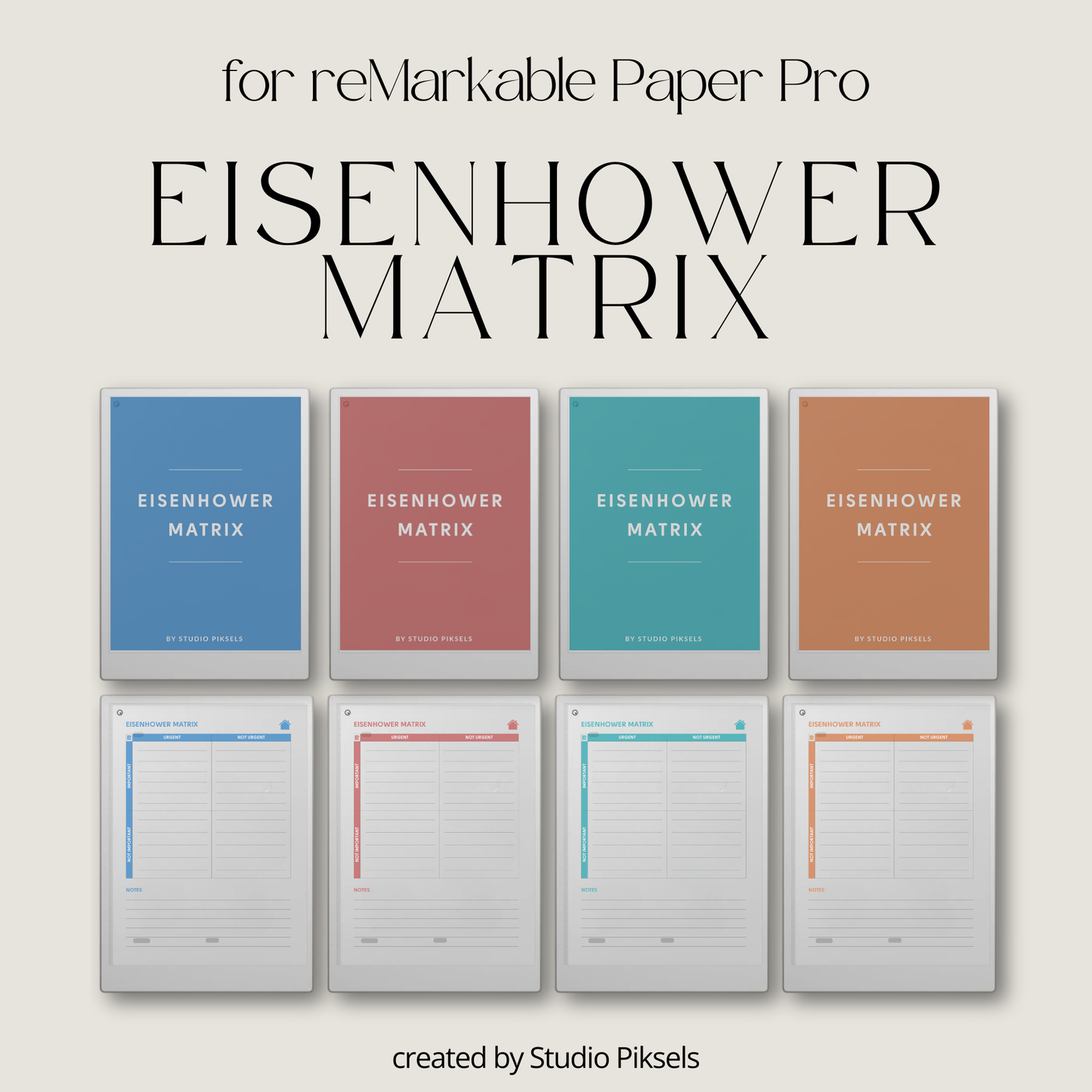 Eisenhower Matrix planner PDF for reMarkable Paper Pro Move with four quadrant task layout and checklist pages.
