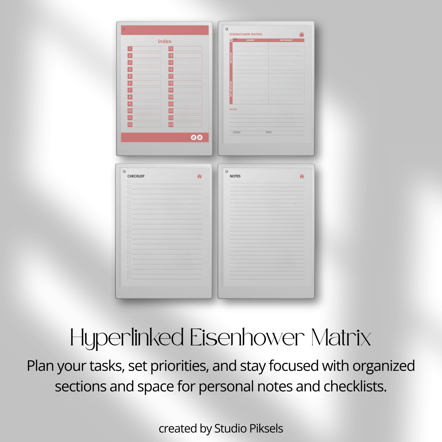 Eisenhower Matrix planner PDF for reMarkable Paper Pro Move with four quadrant task layout and checklist pages.