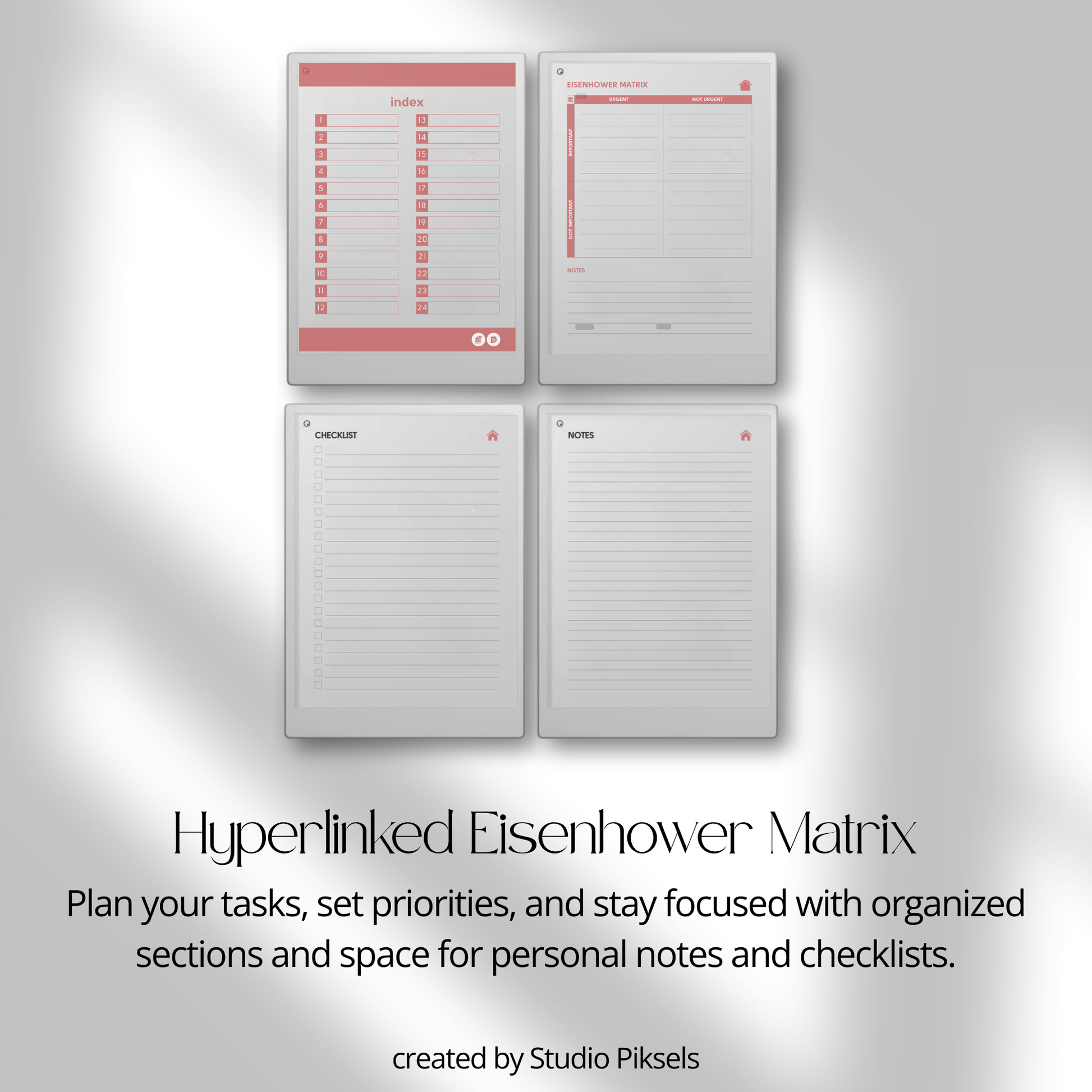 Eisenhower Matrix planner PDF for reMarkable Paper Pro Move with four quadrant task layout and checklist pages.