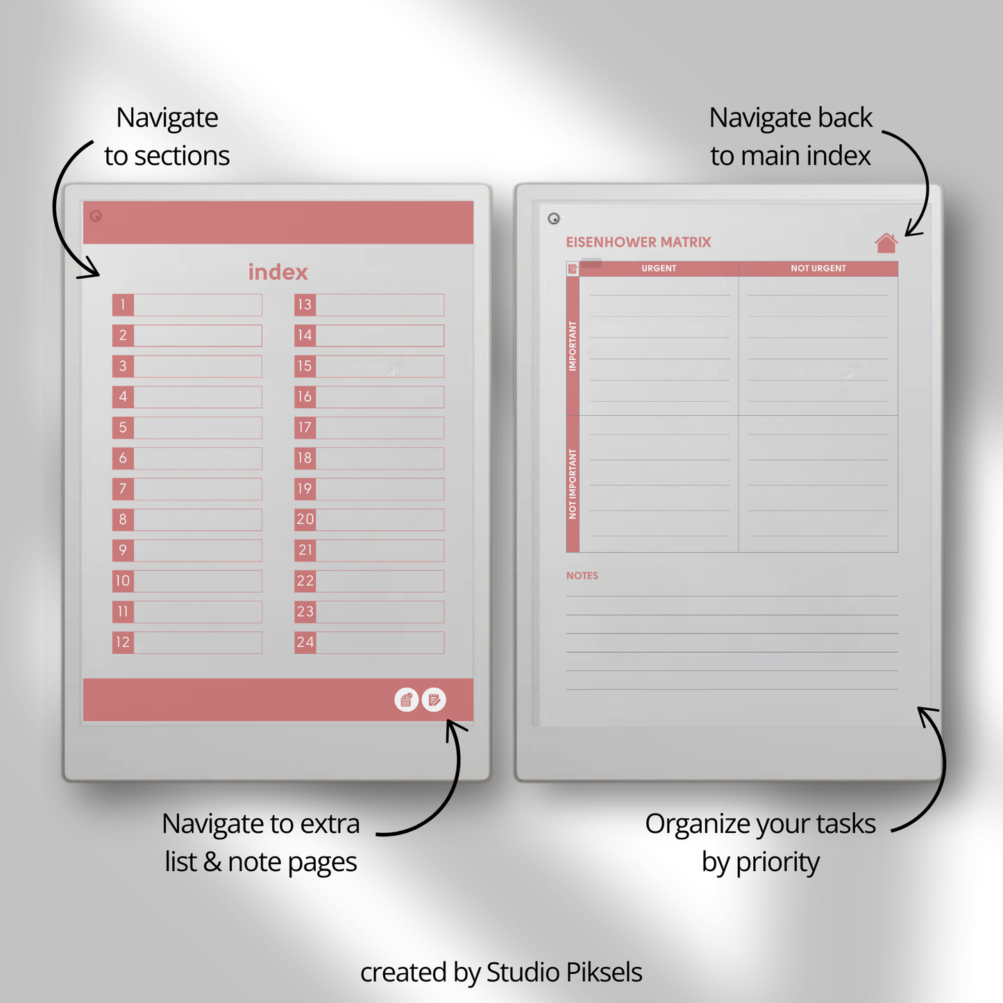 Eisenhower Matrix planner PDF for reMarkable Paper Pro Move with four quadrant task layout and checklist pages.