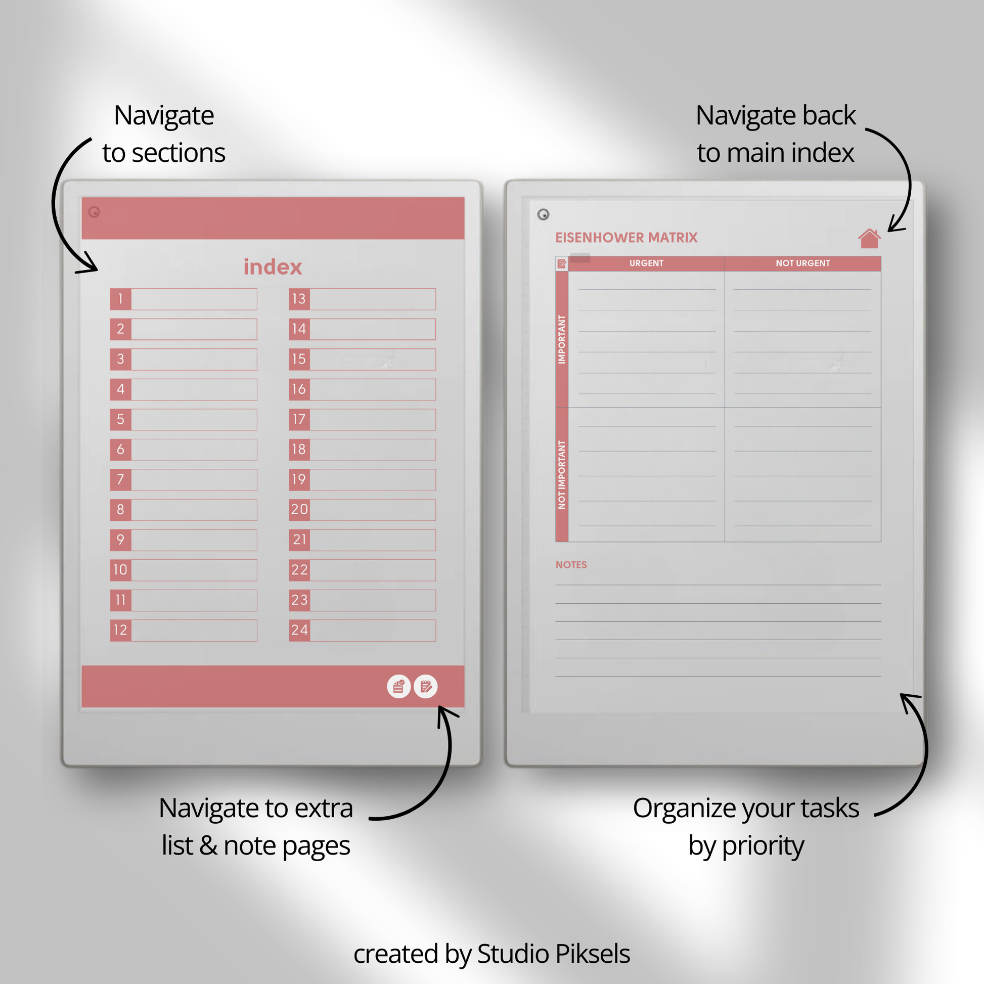 Eisenhower Matrix planner PDF for reMarkable Paper Pro Move with four quadrant task layout and checklist pages.