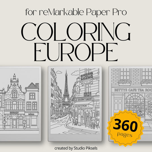 Europe Coloring Book Bundle for reMarkable Paper Pro with 360 Pages of Travel-Inspired Coloring Pages and also Compatible with Procreate