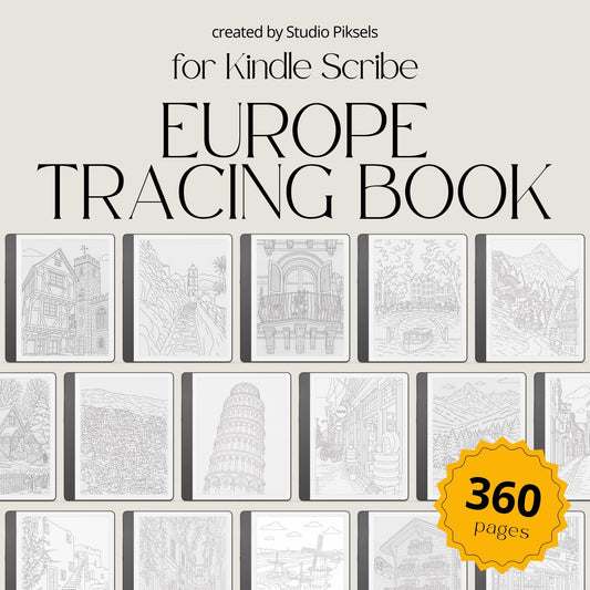 Europe Tracing Book Bundle for Kindle Scribe featuring European street scenes, cottages, canals, villages, and coastal tracing pages inspired by England, Italy, France, Greece, Switzerland, and the Netherlands.