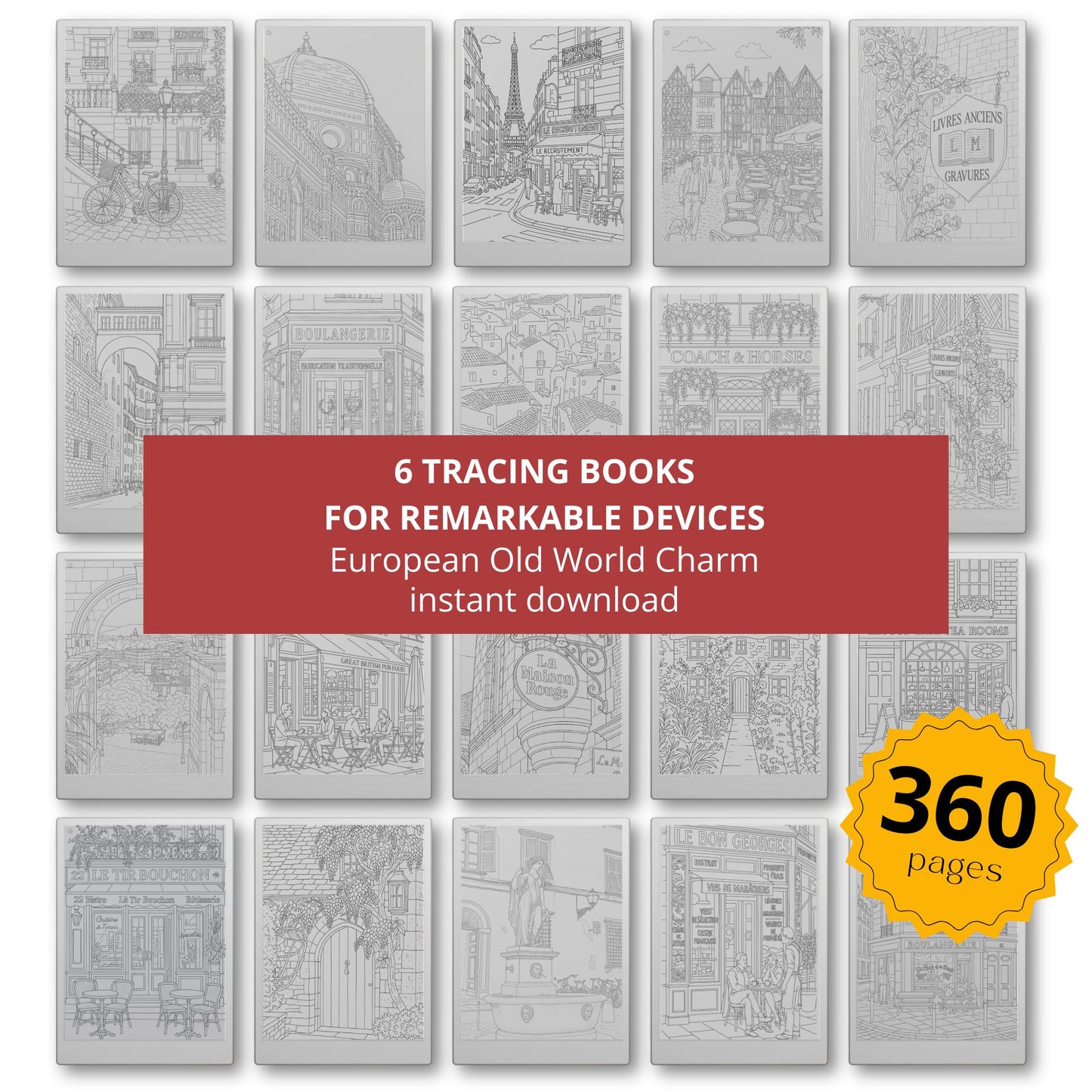 Trace your way through Europe with this calming Tracing Book Bundle, created especially for reMarkable. Inspired by real streets, villages, and coastal towns.