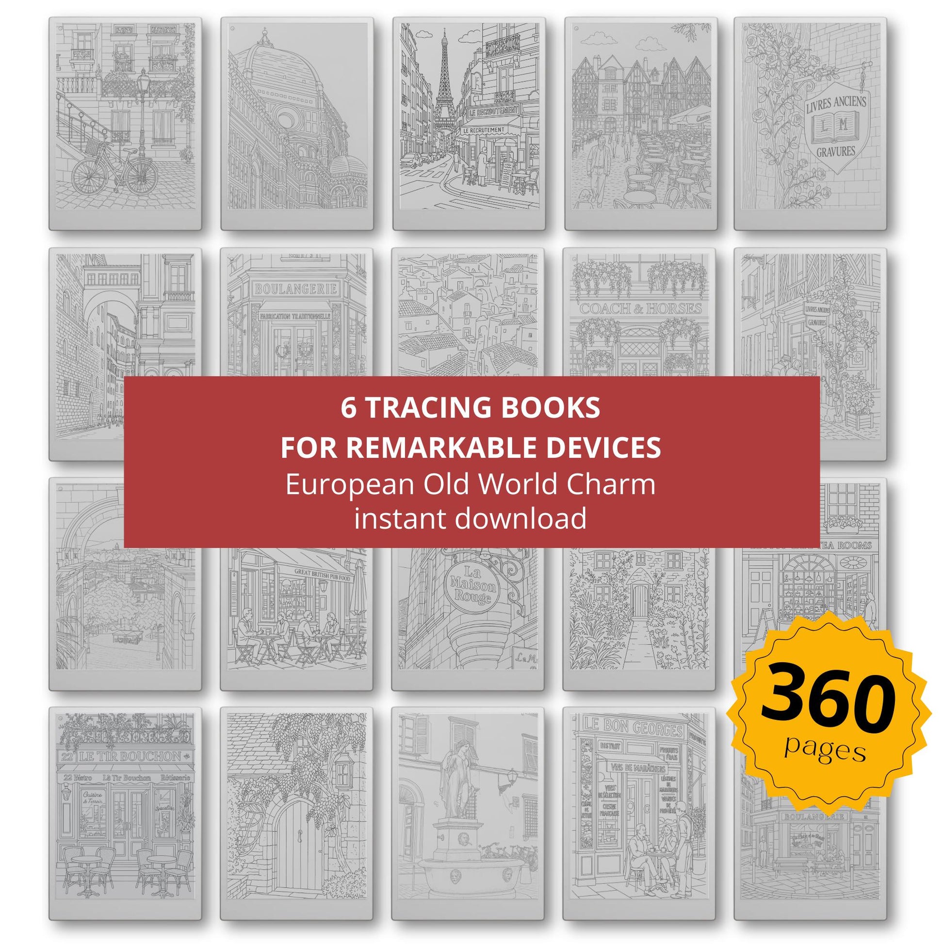 Trace your way through Europe with this calming Tracing Book Bundle, created especially for reMarkable. Inspired by real streets, villages, and coastal towns.