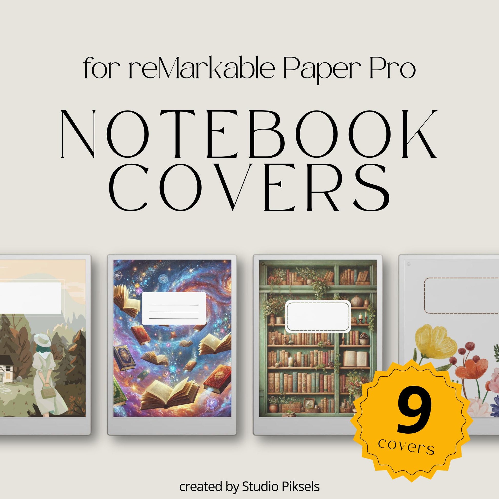 Customize your digital notebooks with this Fantasy Notebook Cover Bundle designed for reMarkable Paper Pro. This collection includes imaginative notebook covers featuring magical libraries, celestial landscapes, dreamy bookscapes, and whimsical nature-inspired artwork that bring creativity and personality to your digital workspace.