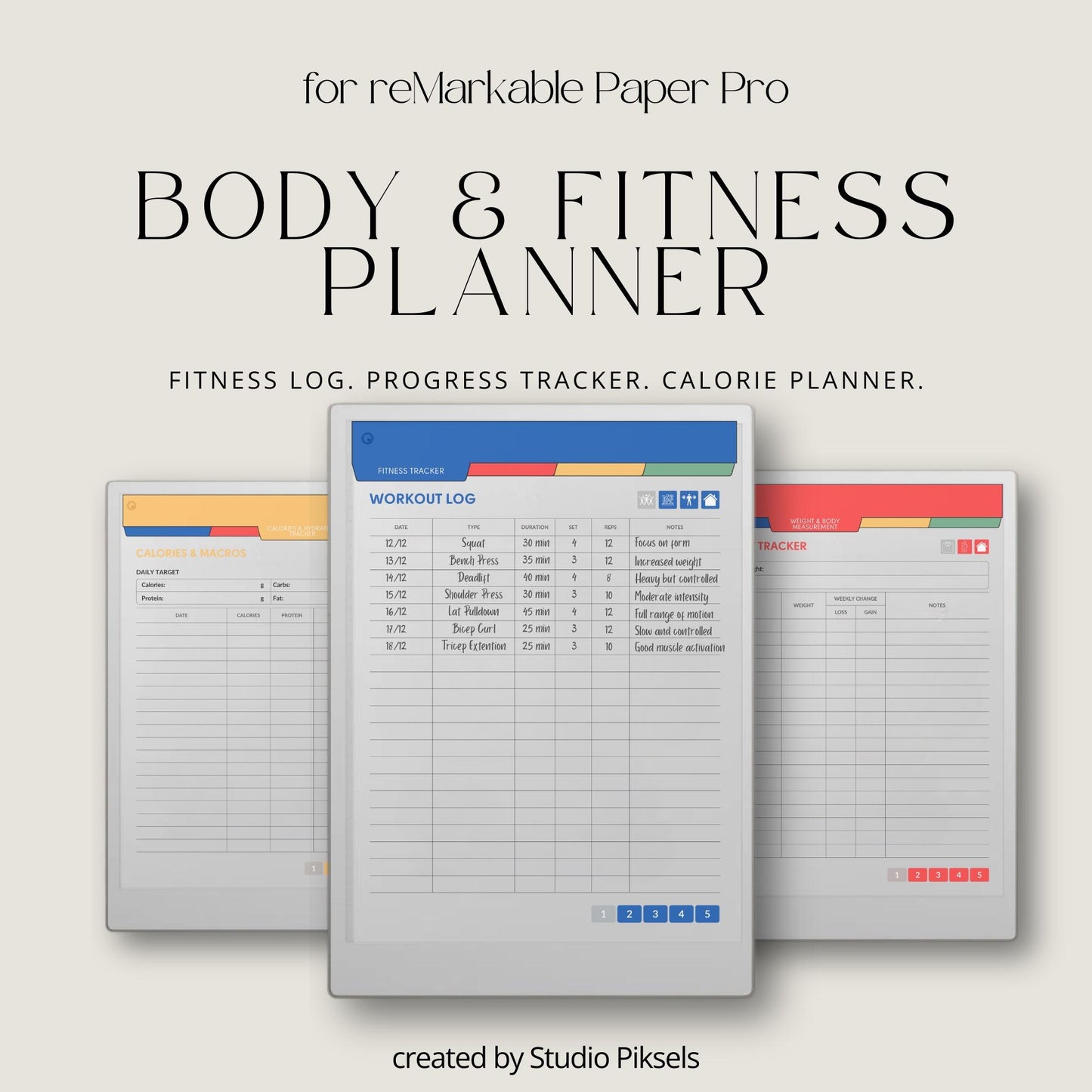 Fitness and health planner for reMarkable Paper Pro with hyperlinked trackers.