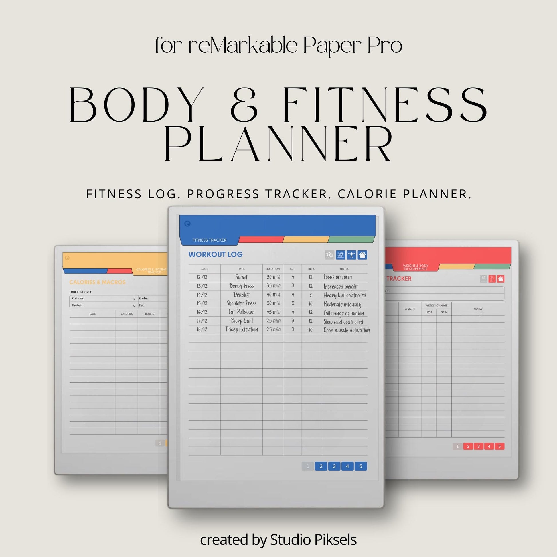 Fitness and health planner for reMarkable Paper Pro with hyperlinked trackers.