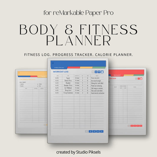 Fitness and health planner for reMarkable Paper Pro with hyperlinked trackers.