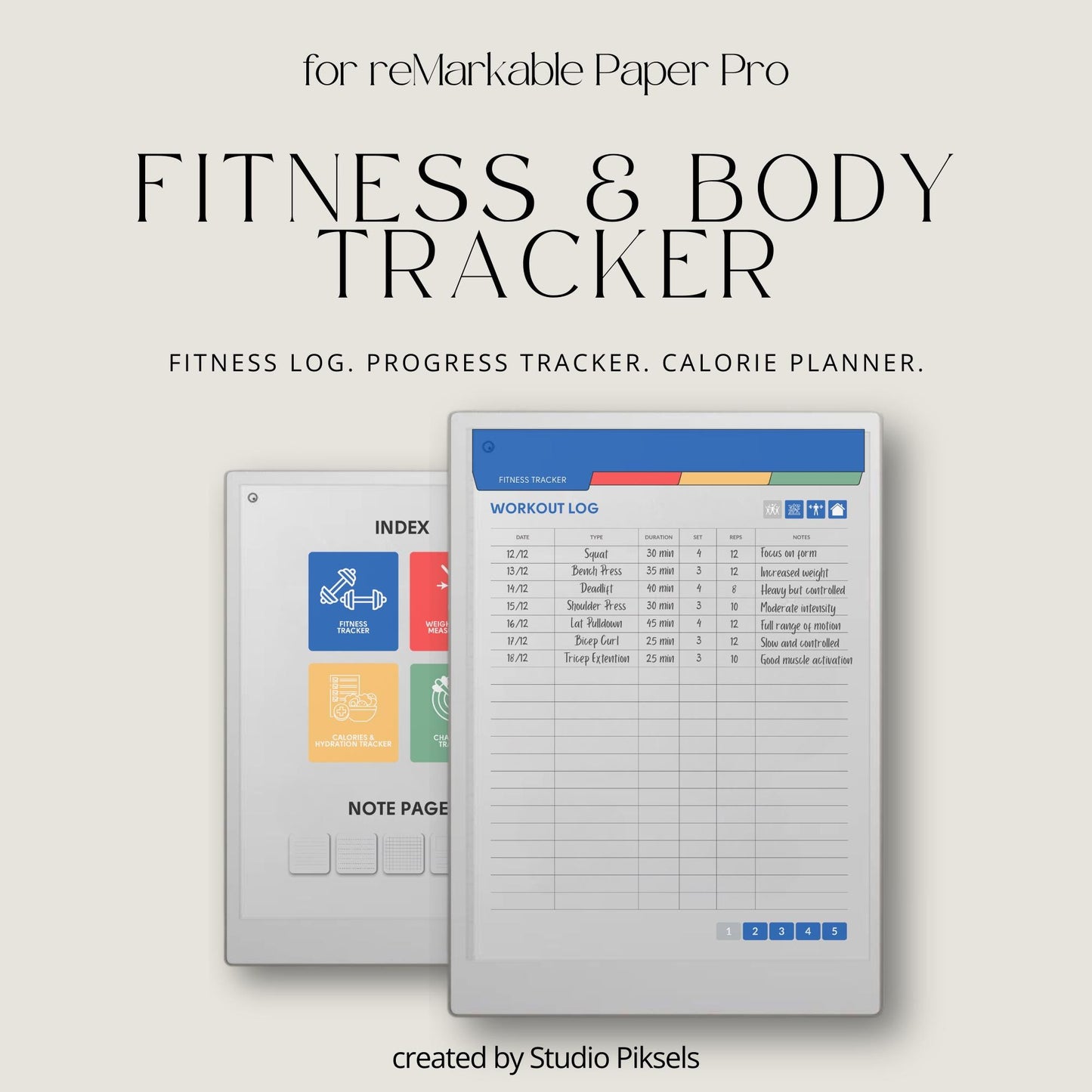 Fitness and health planner for reMarkable Paper Pro with hyperlinked trackers.