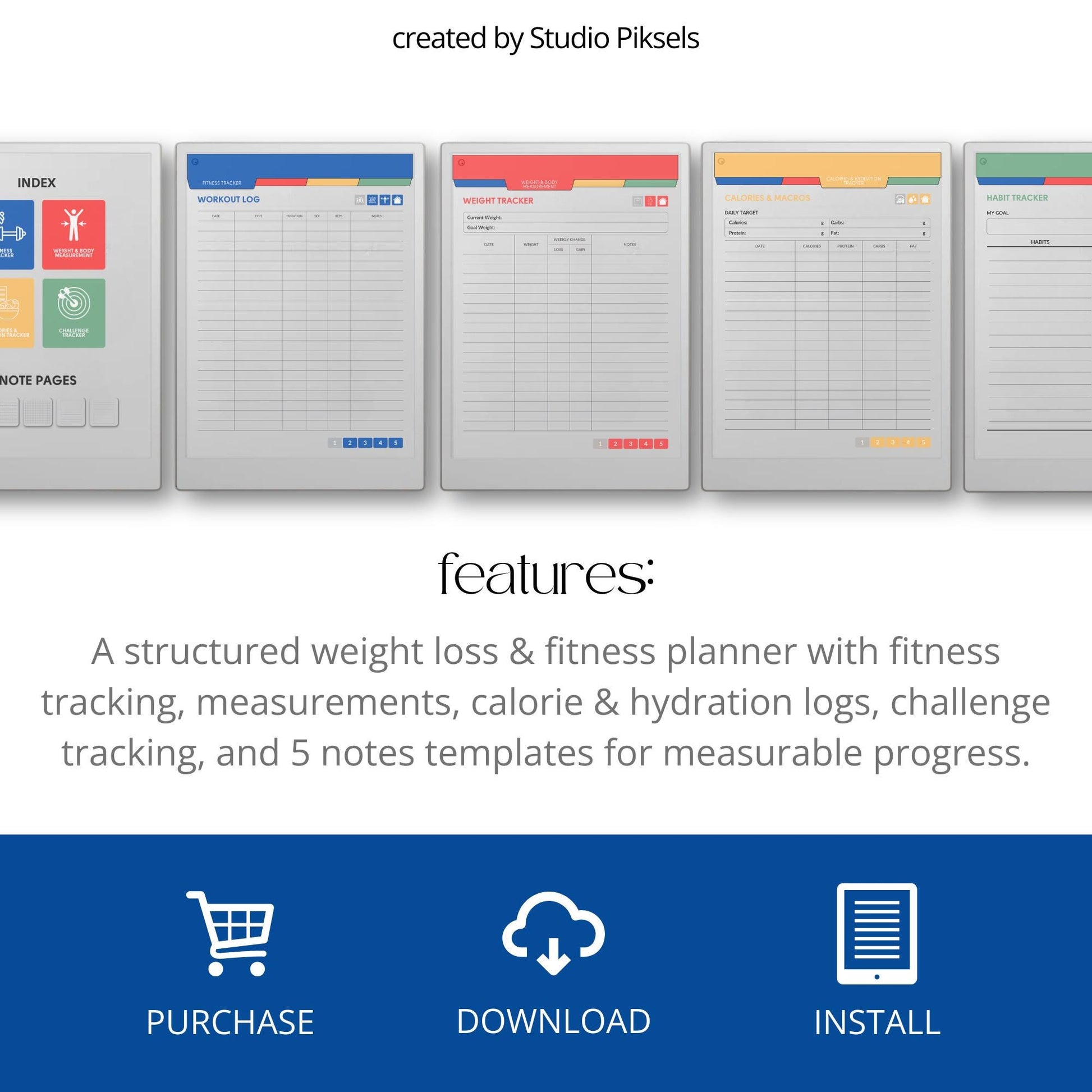 Fitness and health planner for reMarkable Paper Pro with hyperlinked trackers.