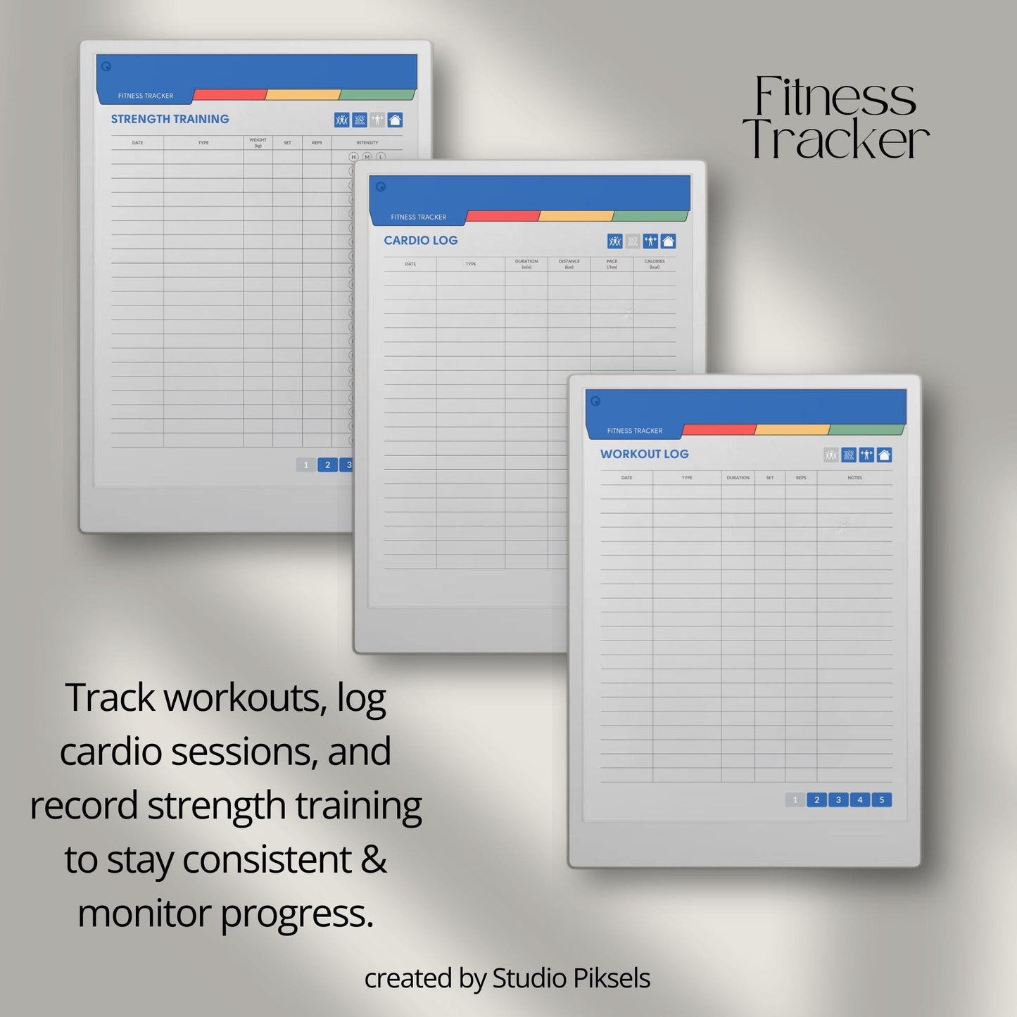 Fitness and health planner for reMarkable Paper Pro with hyperlinked trackers.