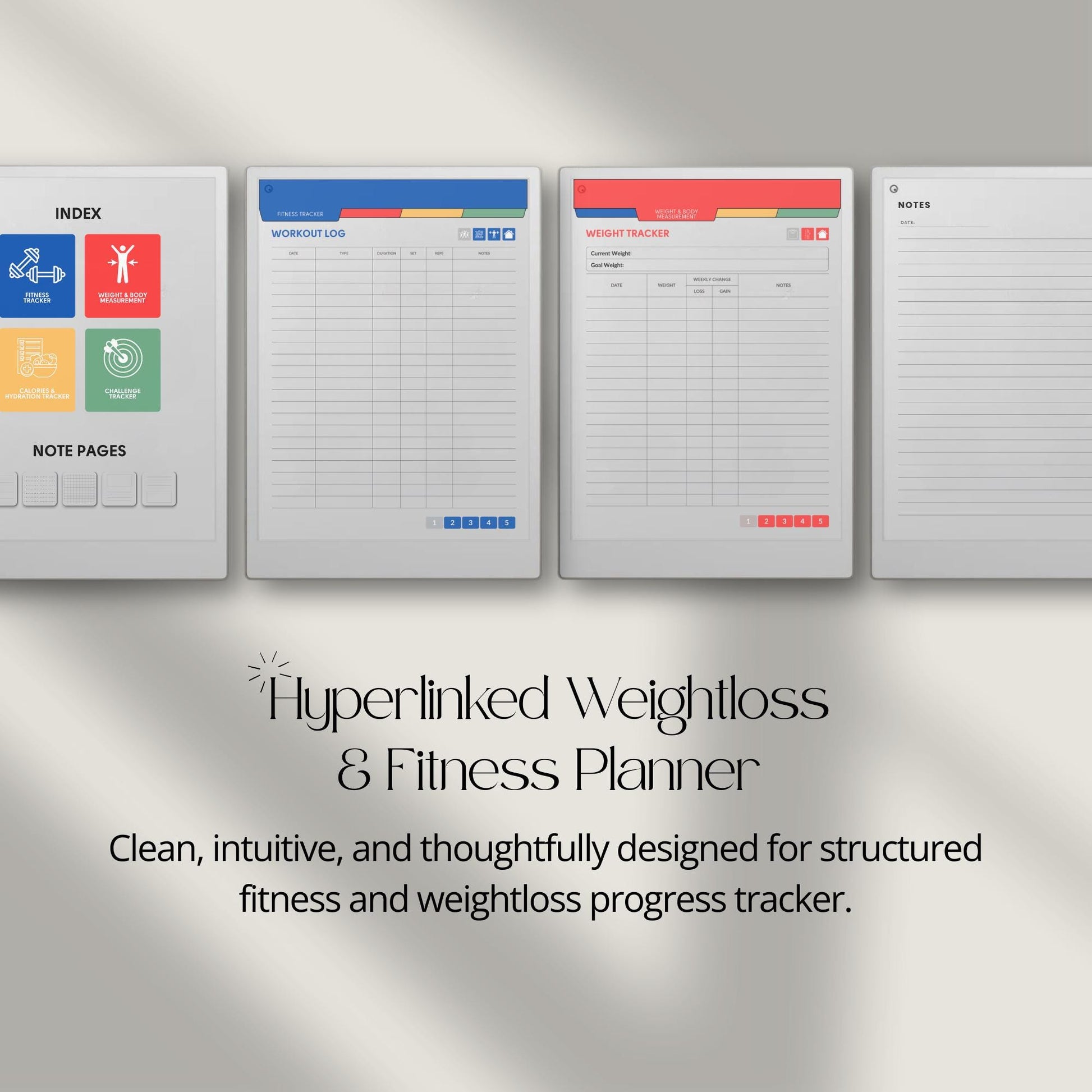 Fitness and health planner for reMarkable Paper Pro with hyperlinked trackers.