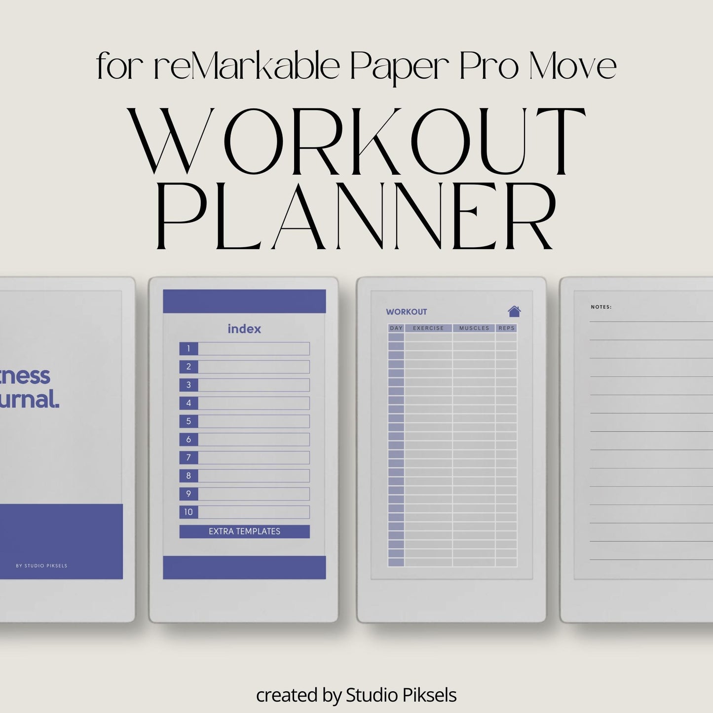 Hyperlinked fitness journal for reMarkable Paper Pro Move featuring workout log pages, linked fitness sections, notes pages, and extra tracker templates for digital fitness planning.