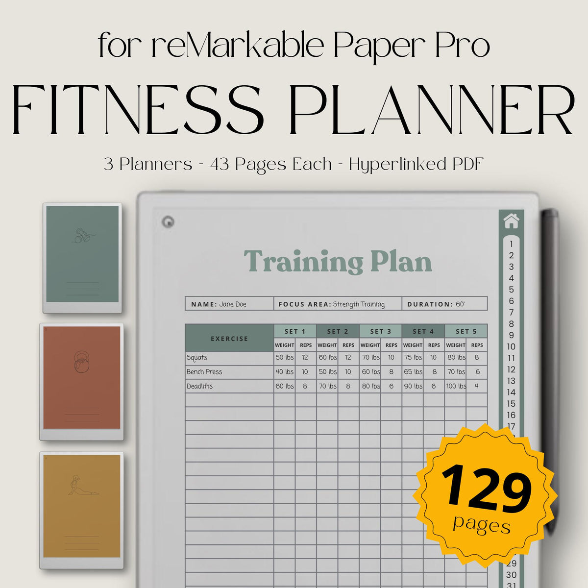 This planner for reMarkable Paper Pro includes multiple hyperlinked workout journals that support different training styles. With organized layouts and easy navigation, it is designed to help maintain consistency across strength training, conditioning, and general fitness programs.