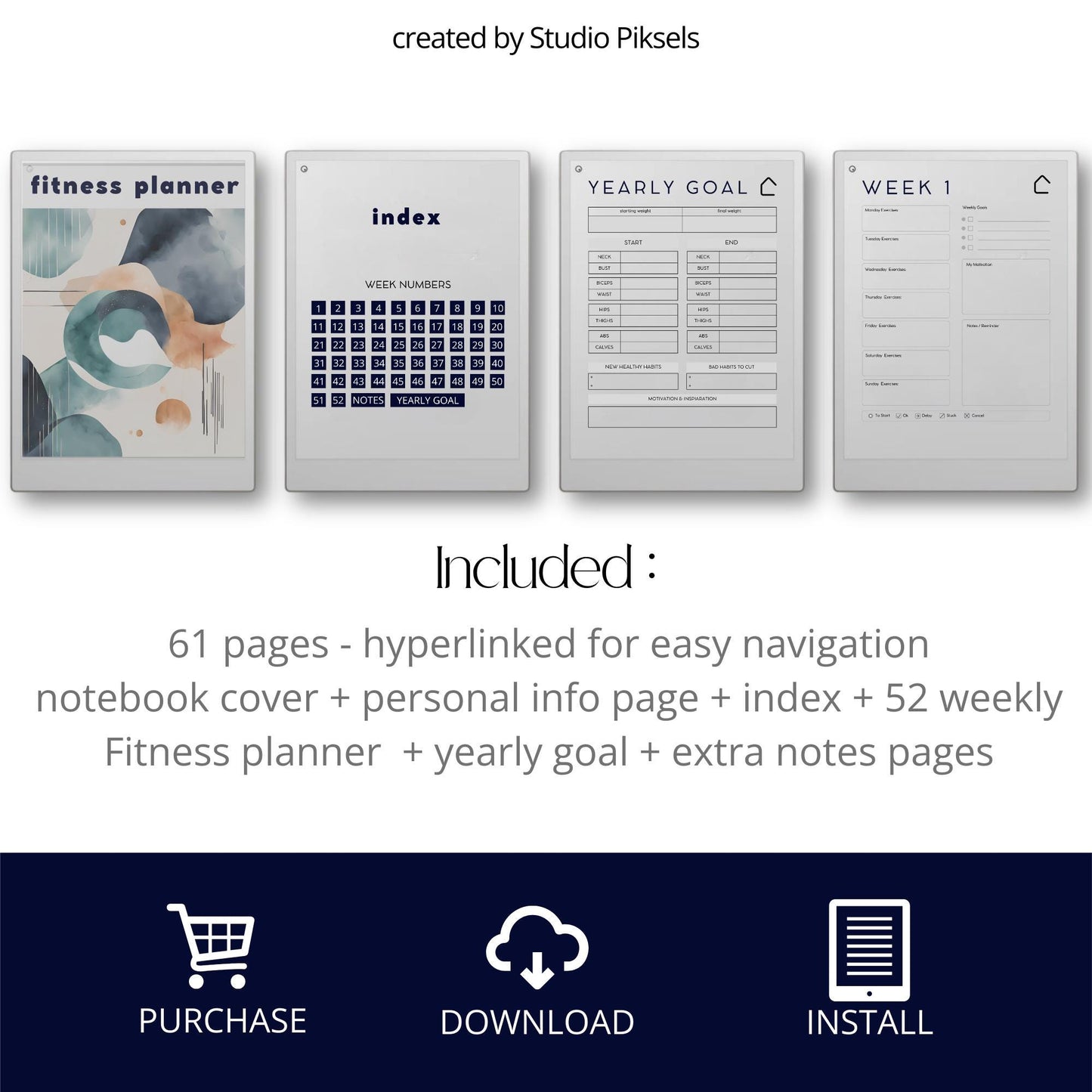 Fitness and health planner for reMarkable Paper Pro with hyperlinked trackers.