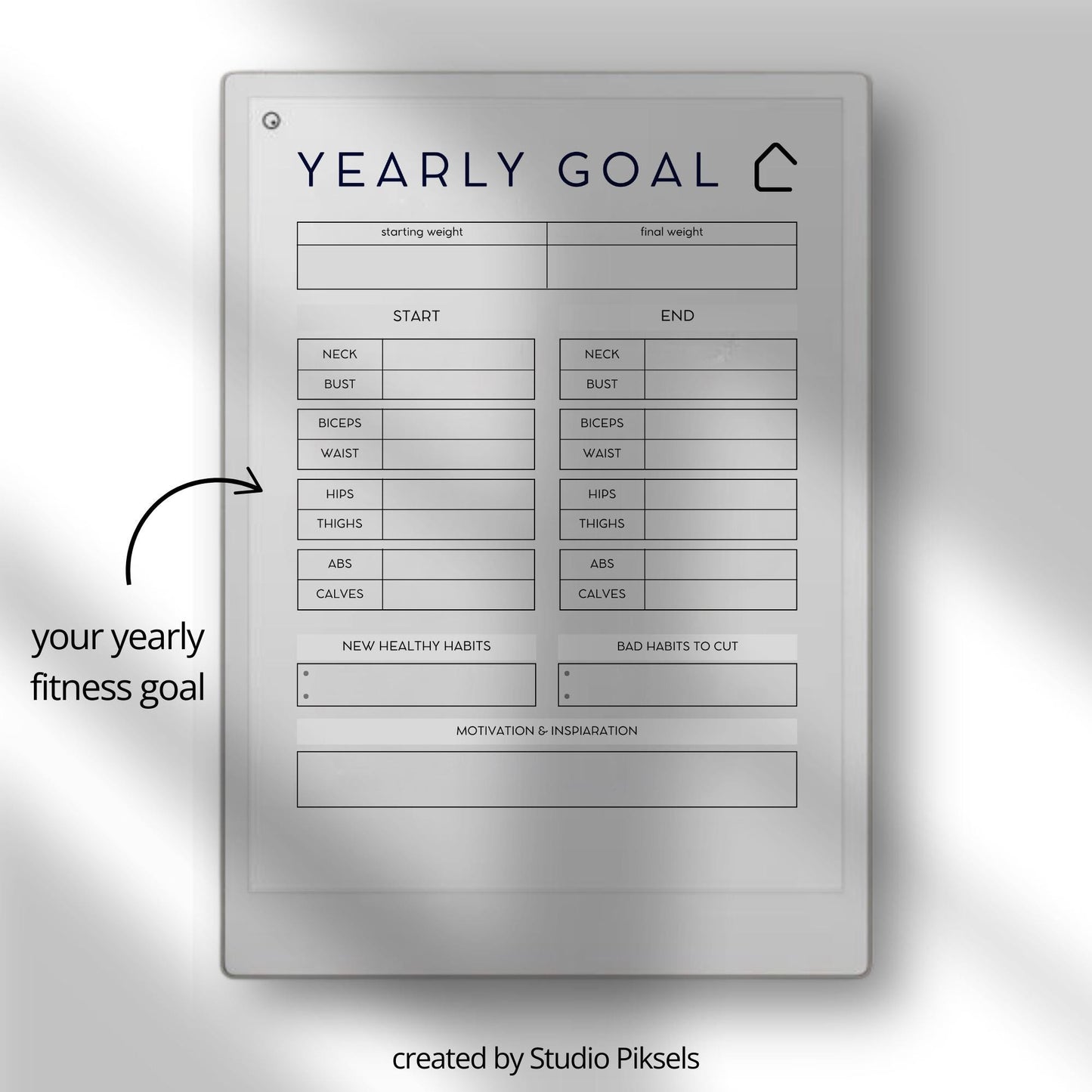 Fitness and health planner for reMarkable Paper Pro with hyperlinked trackers.