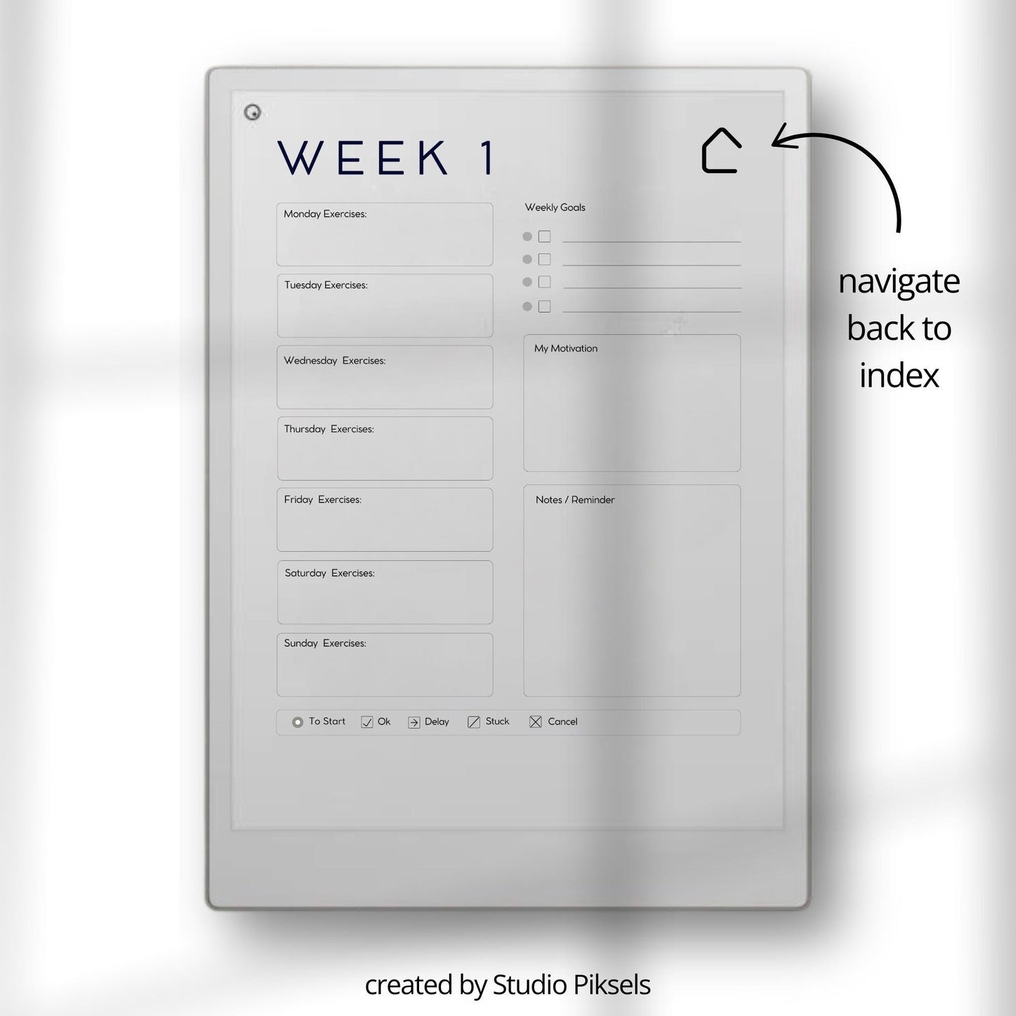 Fitness and health planner for reMarkable Paper Pro with hyperlinked trackers.