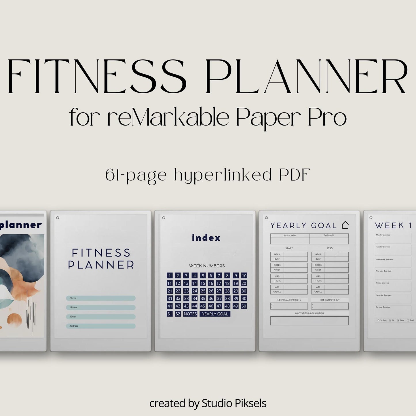 Fitness and health planner for reMarkable Paper Pro with hyperlinked trackers.