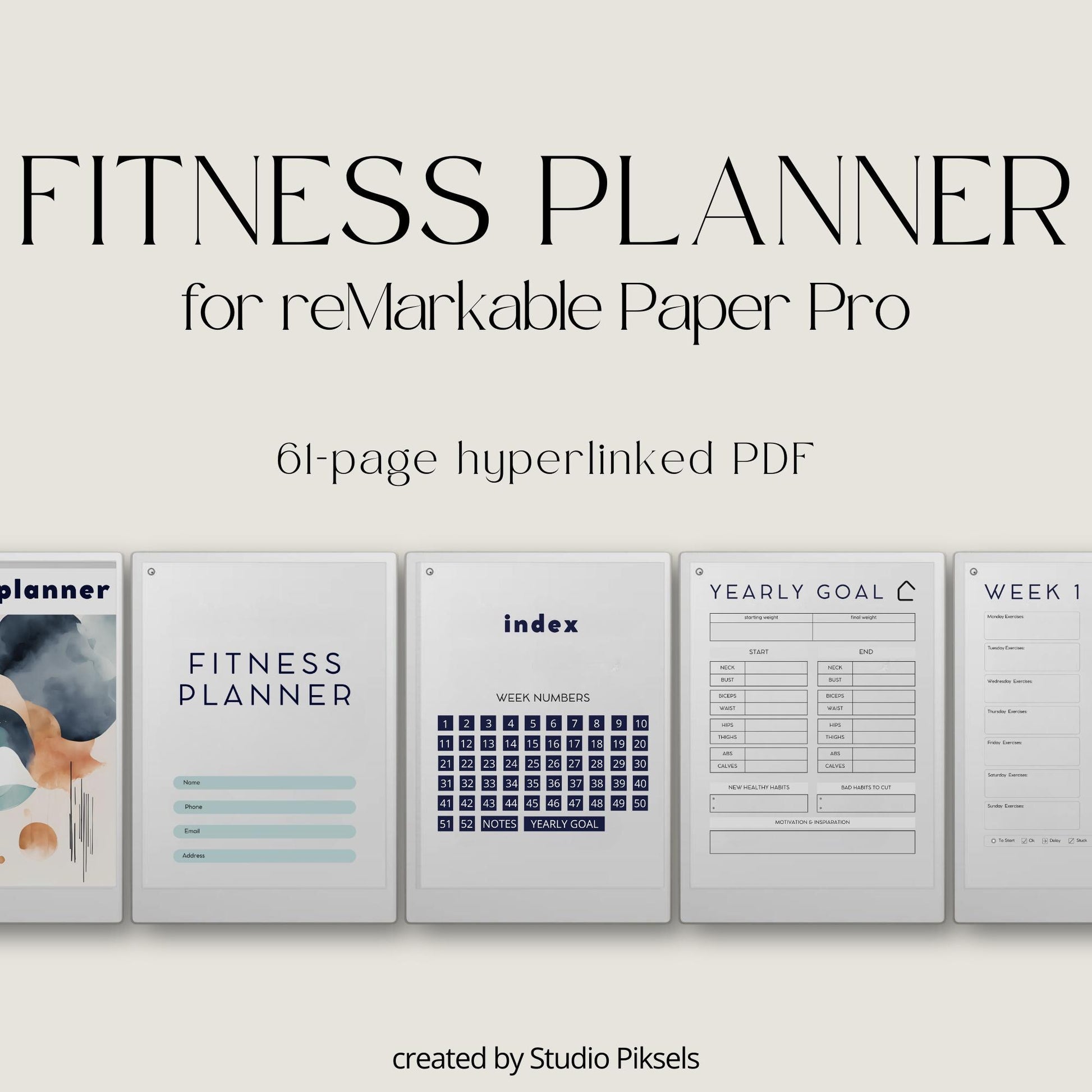Fitness and health planner for reMarkable Paper Pro with hyperlinked trackers.