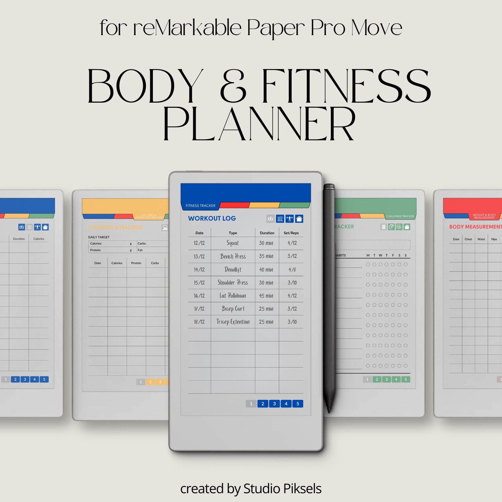 Fitness and health planner for reMarkable Paper Pro Move used to track workouts, body measurements, calories, hydration, and daily health habits.