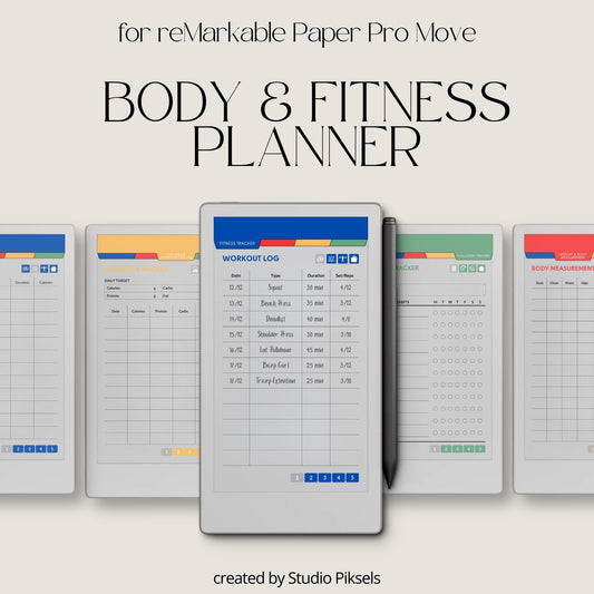 Fitness and health planner for reMarkable Paper Pro Move used to track workouts, body measurements, calories, hydration, and daily health habits.