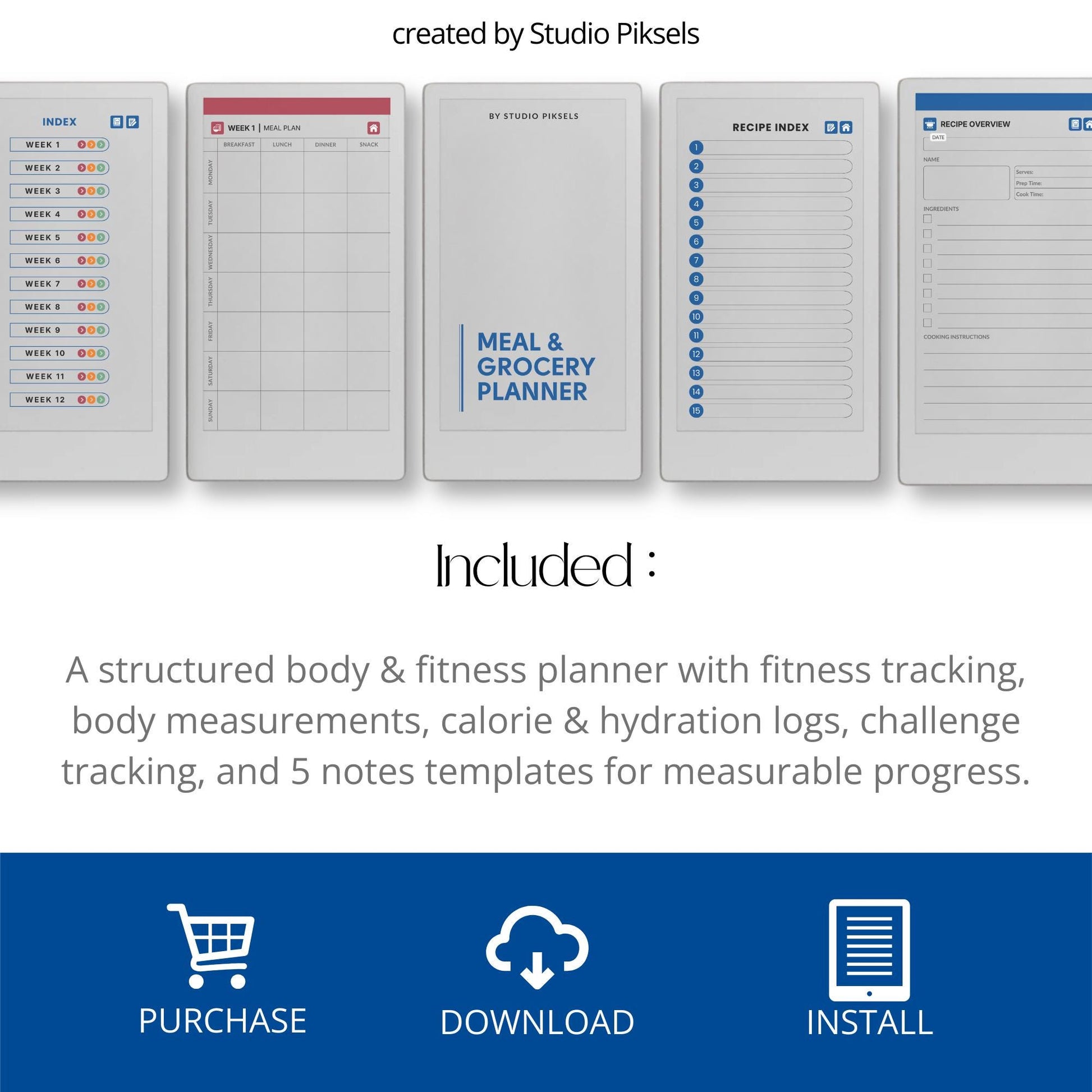 Fitness and health planner for reMarkable Paper Pro Move used to track workouts, body measurements, calories, hydration, and daily health habits.