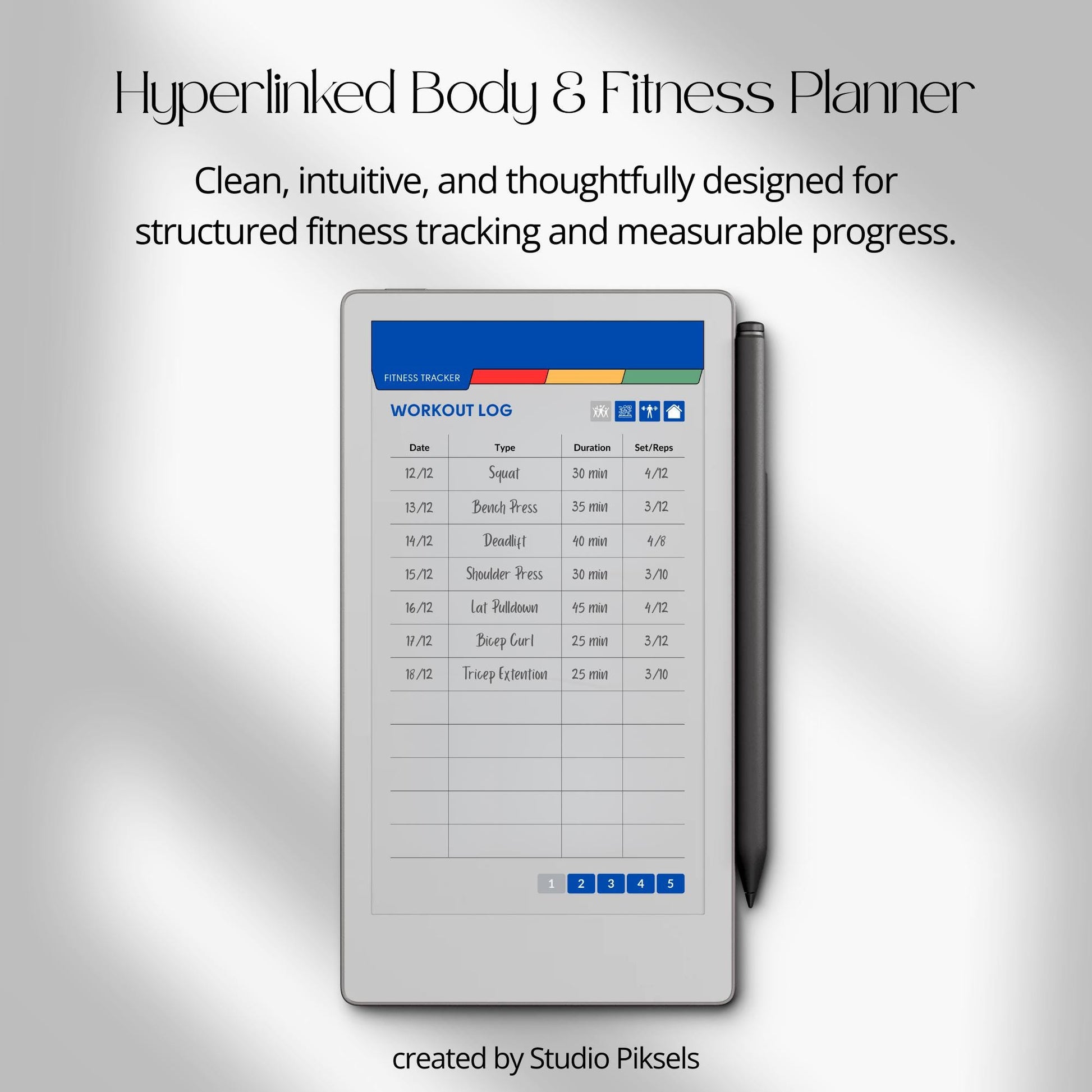 Fitness and health planner for reMarkable Paper Pro Move used to track workouts, body measurements, calories, hydration, and daily health habits.