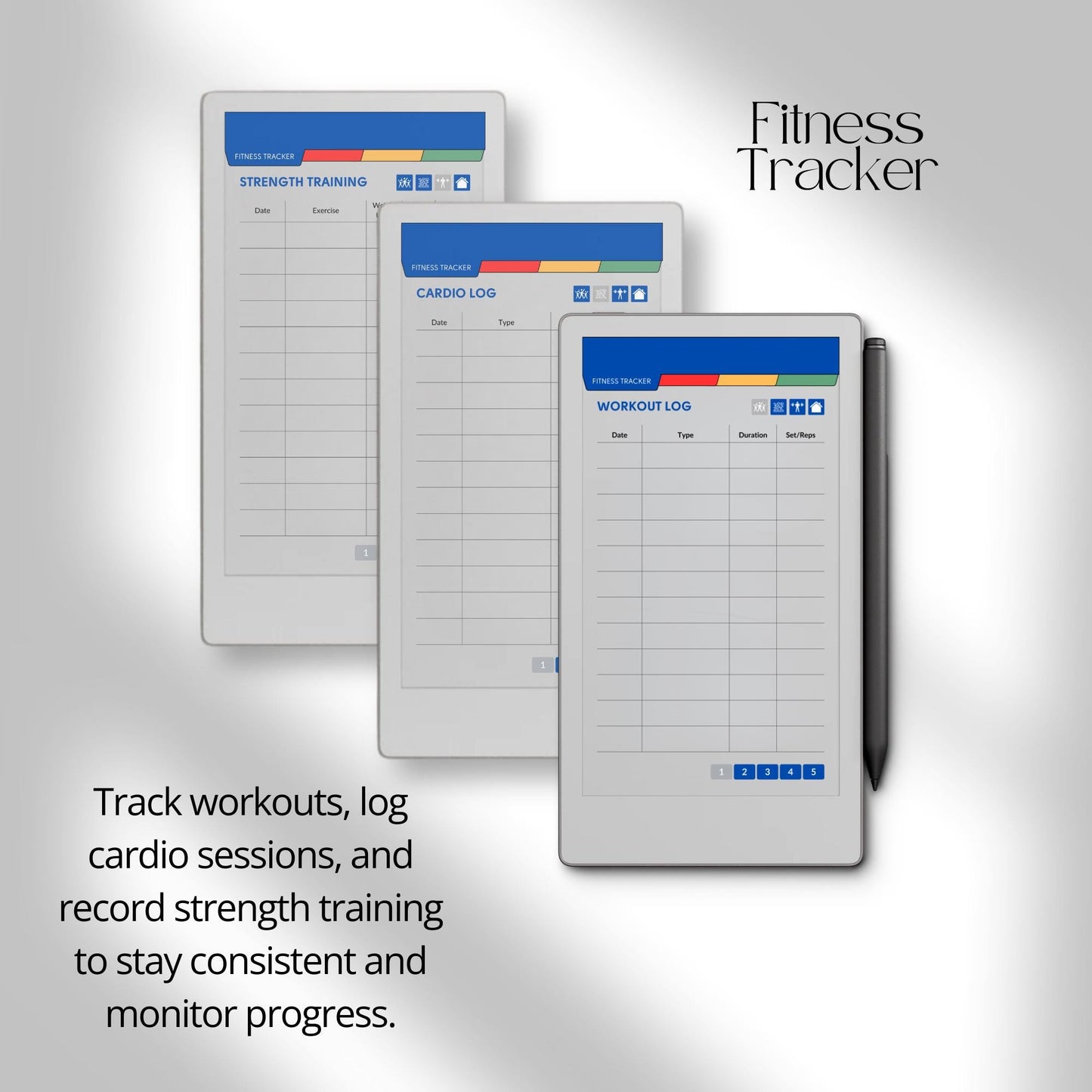 Fitness and health planner for reMarkable Paper Pro Move used to track workouts, body measurements, calories, hydration, and daily health habits.