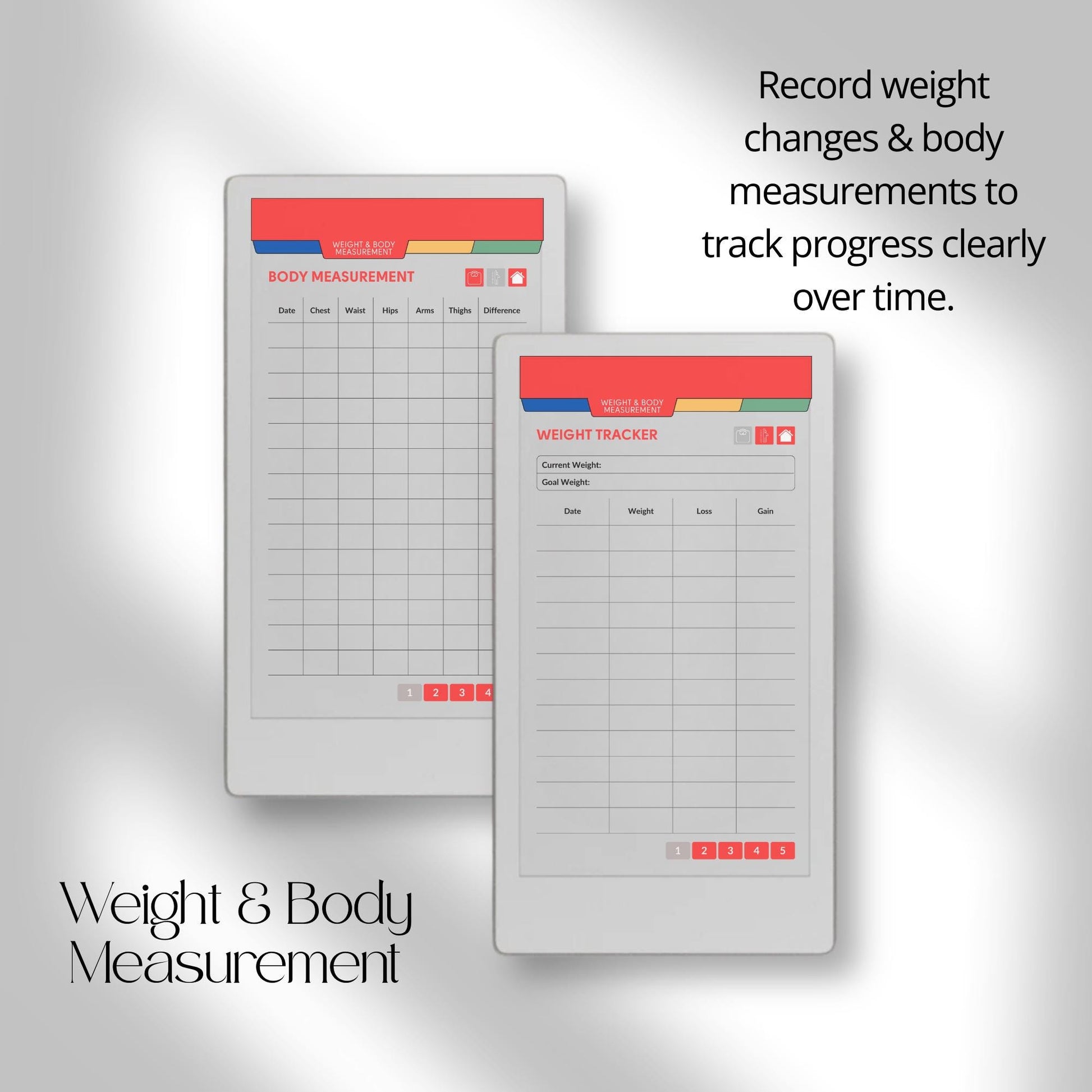 Fitness and health planner for reMarkable Paper Pro Move used to track workouts, body measurements, calories, hydration, and daily health habits.