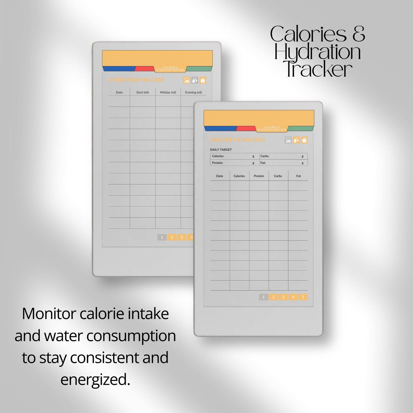 Fitness and health planner for reMarkable Paper Pro Move used to track workouts, body measurements, calories, hydration, and daily health habits.