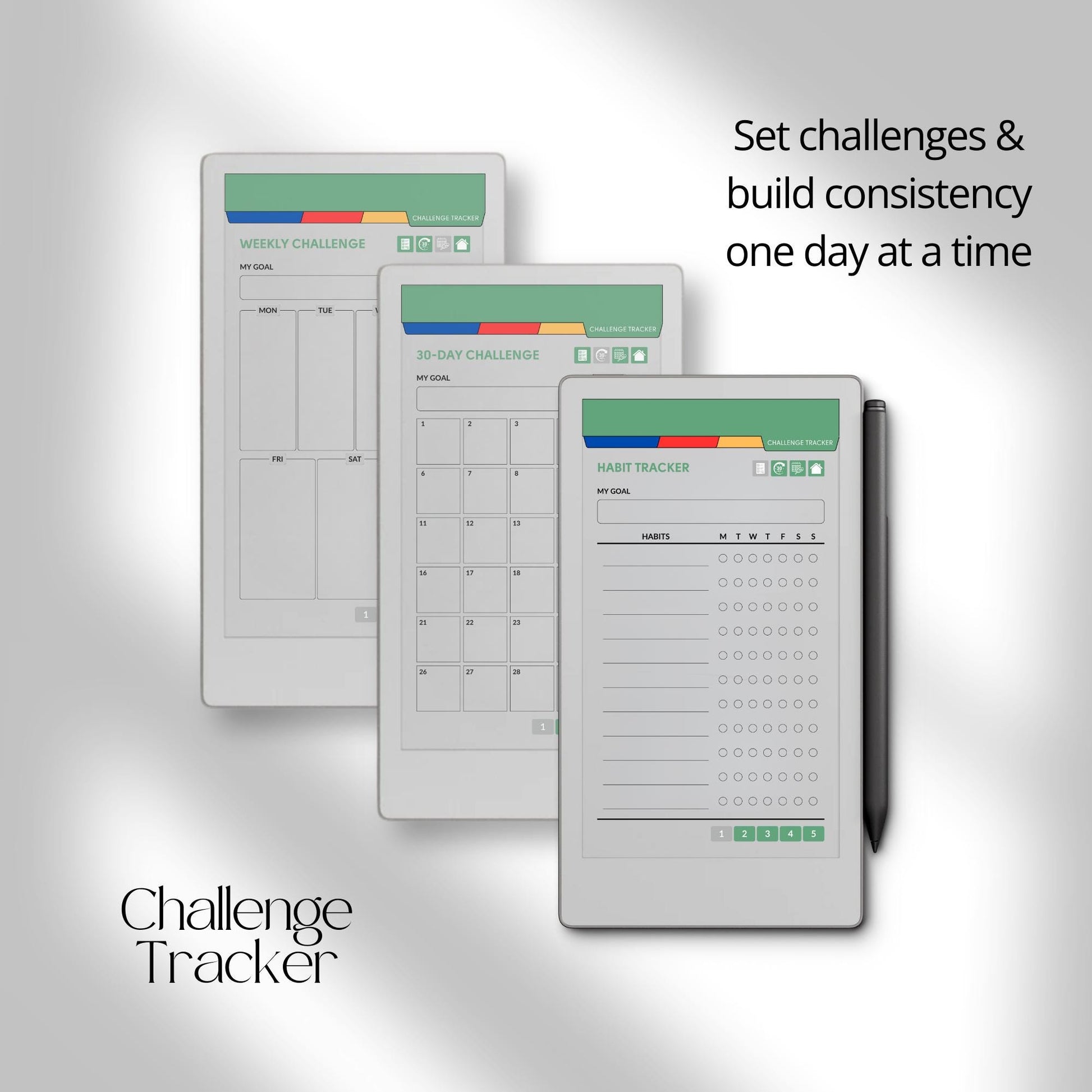 Fitness and health planner for reMarkable Paper Pro Move used to track workouts, body measurements, calories, hydration, and daily health habits.
