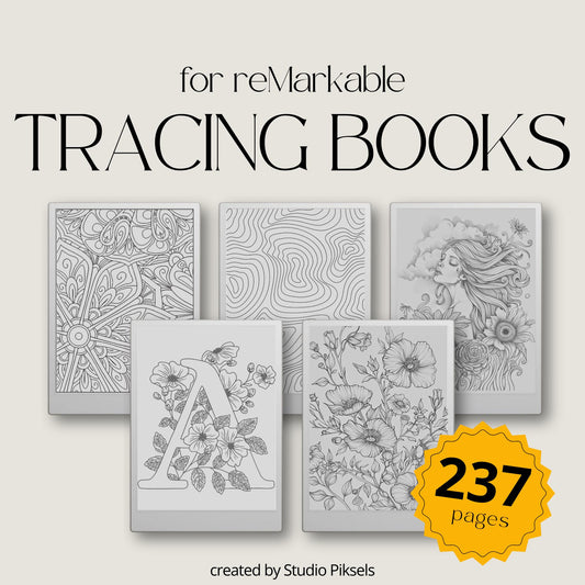 Floral, Mandala, Magical & Abstract Tracing Book Bundle for reMarkable Paper Pro featuring 237 tracing pages with floral alphabet, mandala, magical, flower, and abstract pattern tracing designs for mindful digital drawing and creative practice.