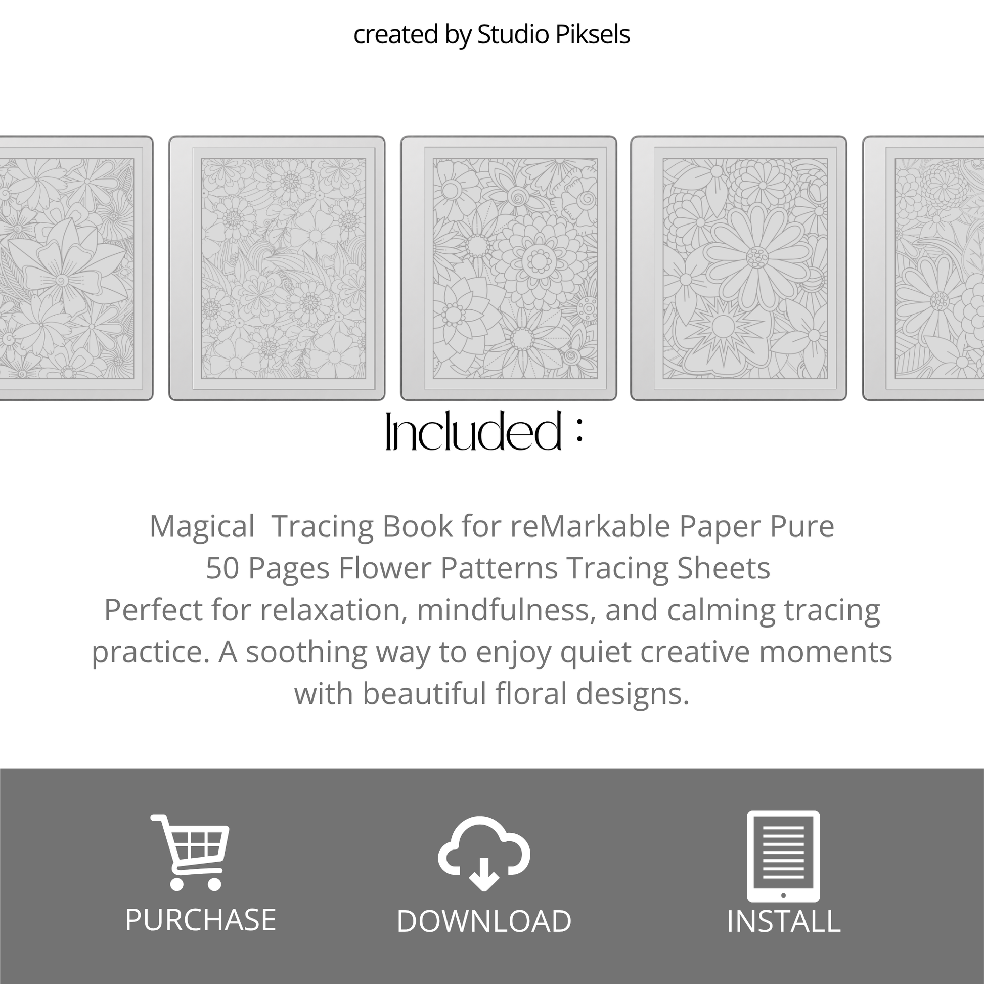 Explore detailed floral patterns with this tracing book designed for reMarkable 1, 2, and Paper Pure. Each page features clean line art for a calm and focused tracing experience.