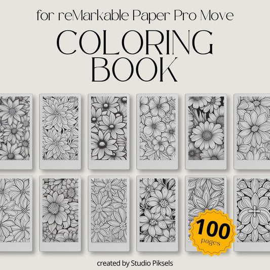 Flower coloring book for reMarkable Paper Pro Move featuring 100 digital floral coloring pages with botanical patterns designed for relaxation, mindfulness, and calming creative eInk coloring sessions.