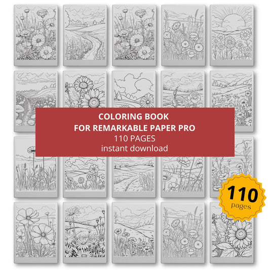 Flower coloring book for reMarkable Paper Pro featuring 110 digital floral coloring pages with botanical illustrations designed for relaxation, mindfulness, and calming eInk coloring experience.