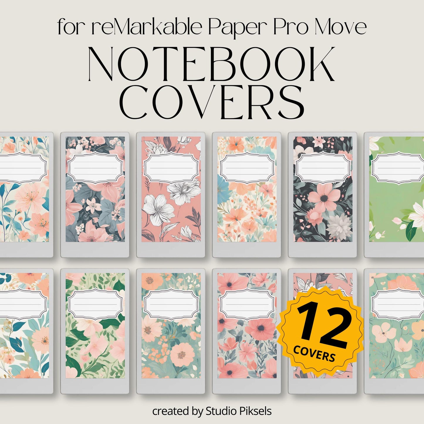 Personalize your digital notebooks with this Flower Notebook Cover Bundle designed for reMarkable Paper Pro Move. This collection includes 12 floral notebook covers featuring soft pastels, botanical patterns, and vibrant flower designs to help organize your notes with a clean and creative style.