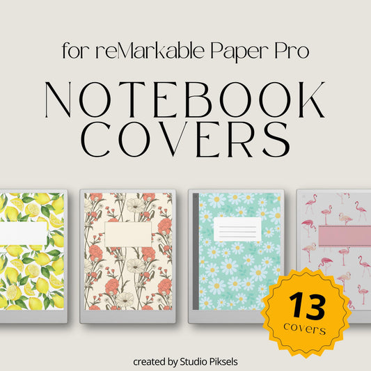 Artistic notebook cover bundle for the reMarkable Paper Pro featuring 13 colorful floral and botanical digital covers, planner aesthetics, and file organization layouts.