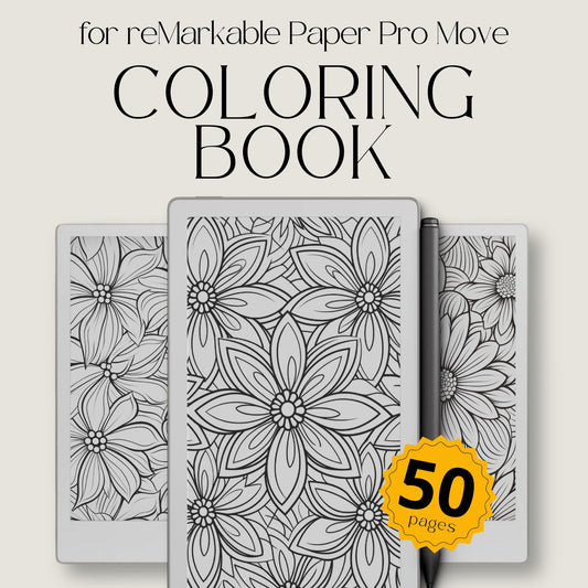 Flower pattern coloring book for reMarkable Paper Pro Move featuring 50 digital floral coloring pages designed for relaxation, mindfulness, and focused creative breaks with botanical patterns for eInk digital coloring experience.