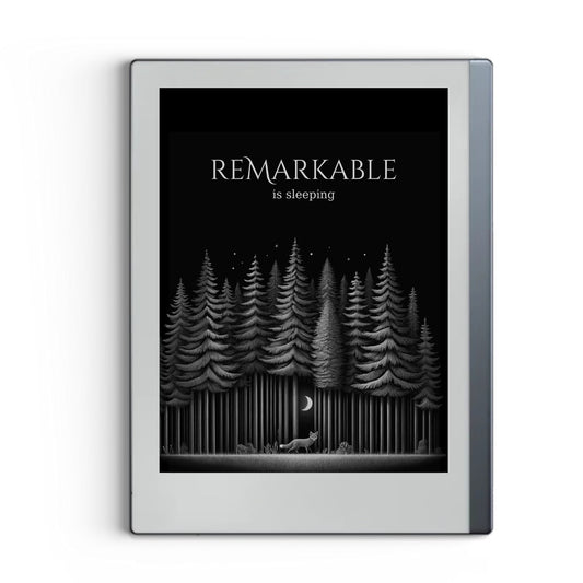 Forest and fox sleep screen for reMarkable 2 and reMarkable Paper Pure with artistic woodland and fox artwork in PNG and PDF format
