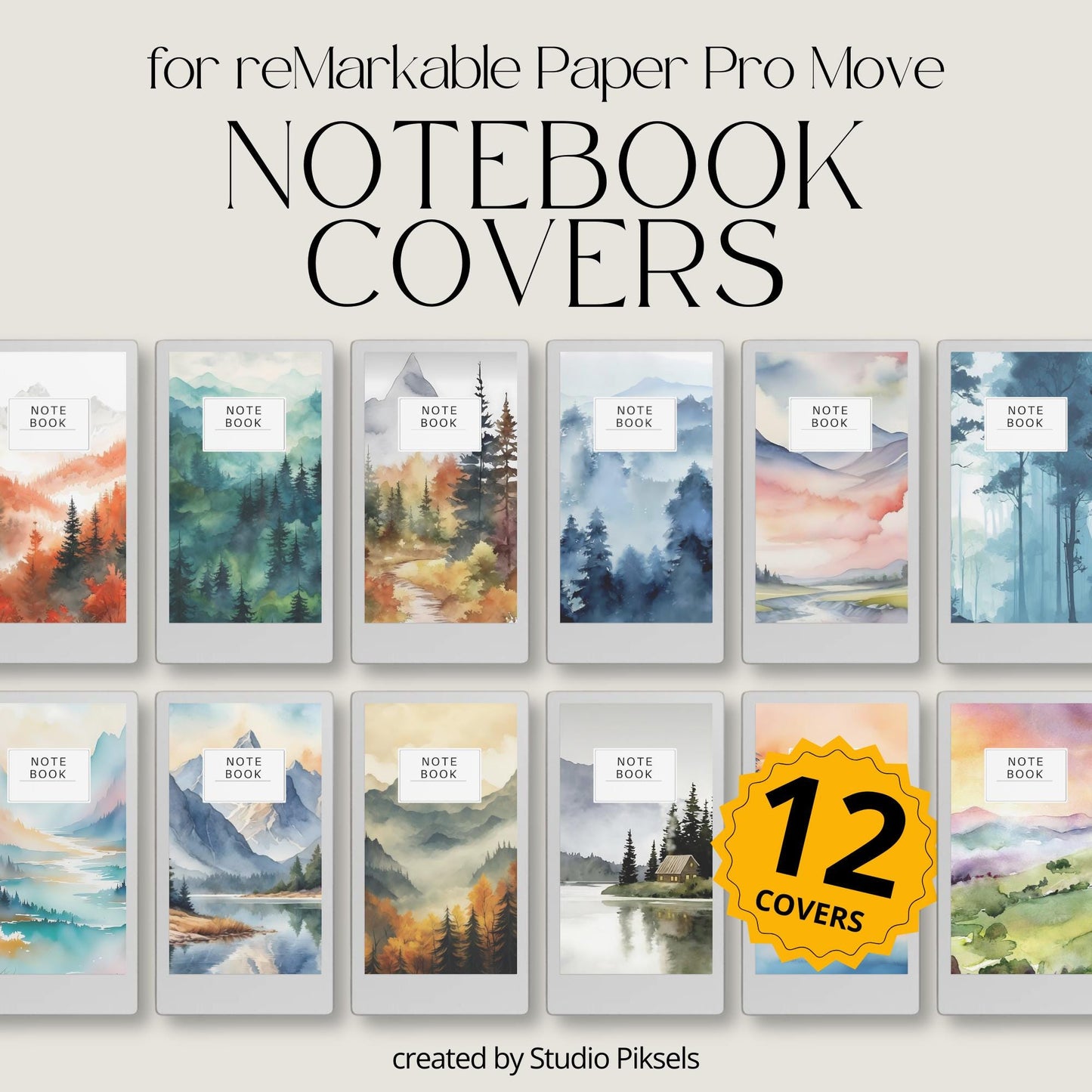 Forest notebook cover bundle for the reMarkable Paper Pro Move featuring 12 watercolor nature digital covers, landscape designs, and library organization styles.