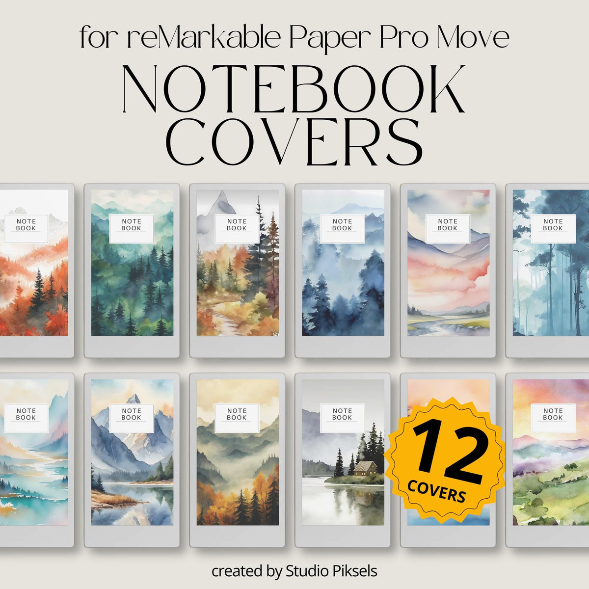 Forest notebook cover bundle for the reMarkable Paper Pro Move featuring 12 watercolor nature digital covers, landscape designs, and library organization styles.