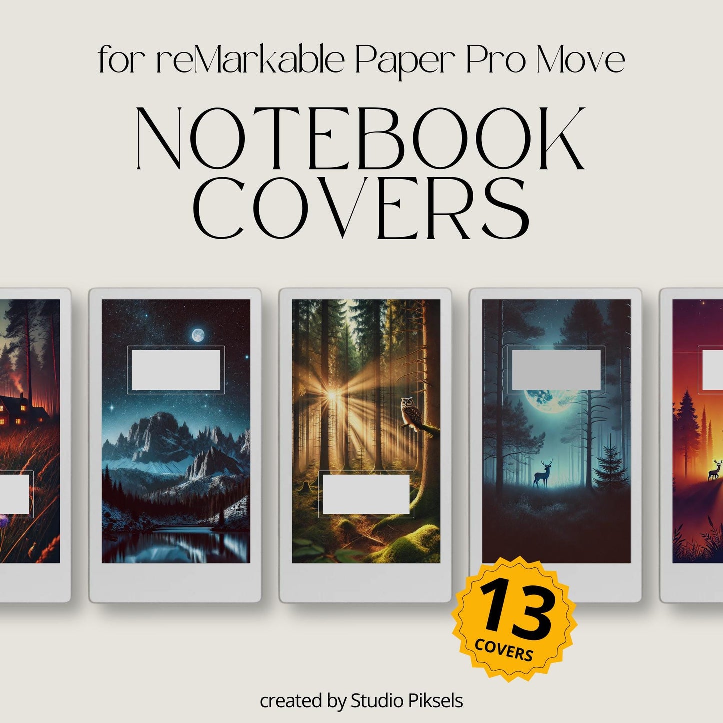 Bring the serenity of the forest to your reMarkable Paper Pro Move with this set of 13 digital notebook covers. Each design features woodland scenes, glowing sunsets, moonlit nights, and cozy cabins to create a nature-inspired aesthetic.
